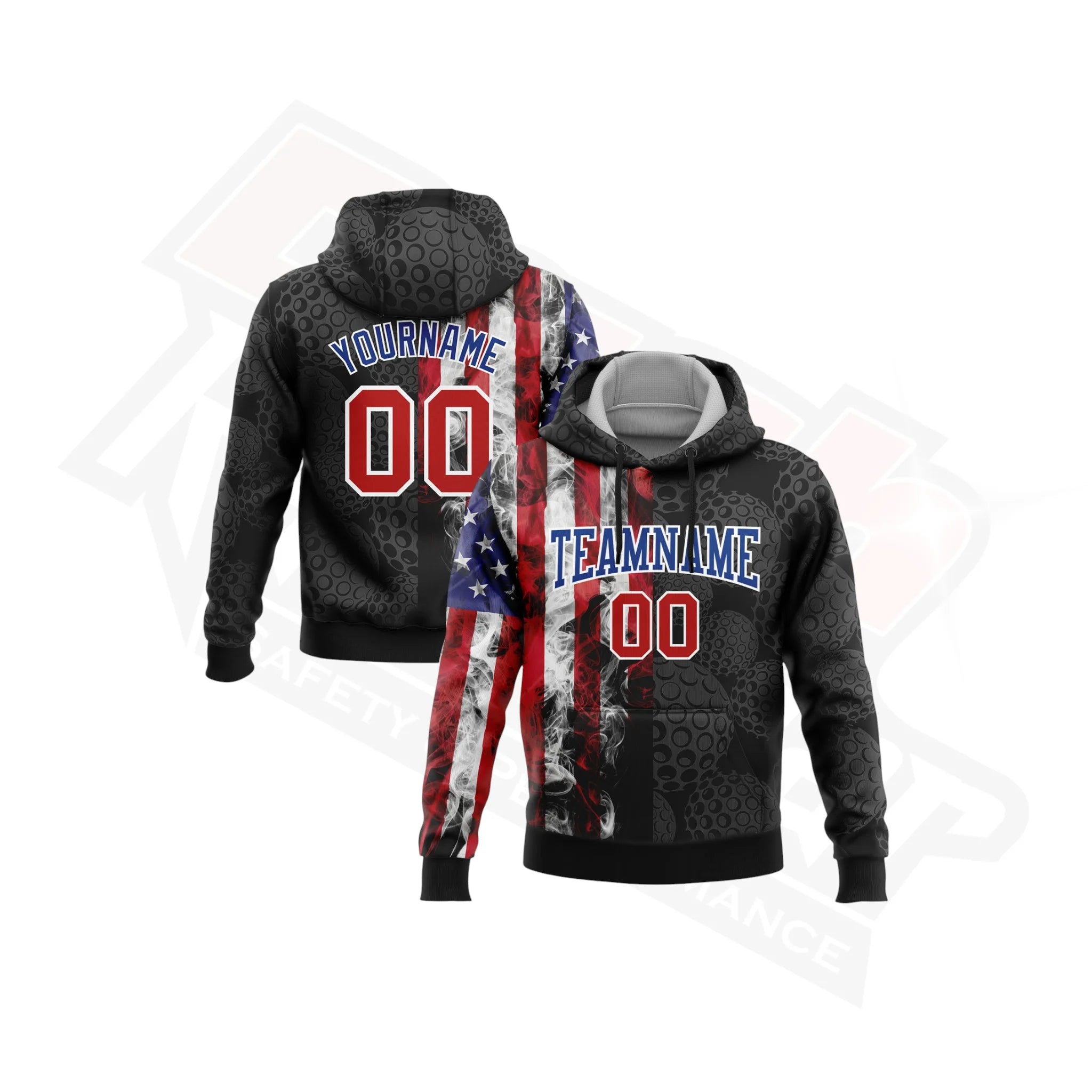 3D Golf Ball American Flag Hoodie in Black Red & Royal