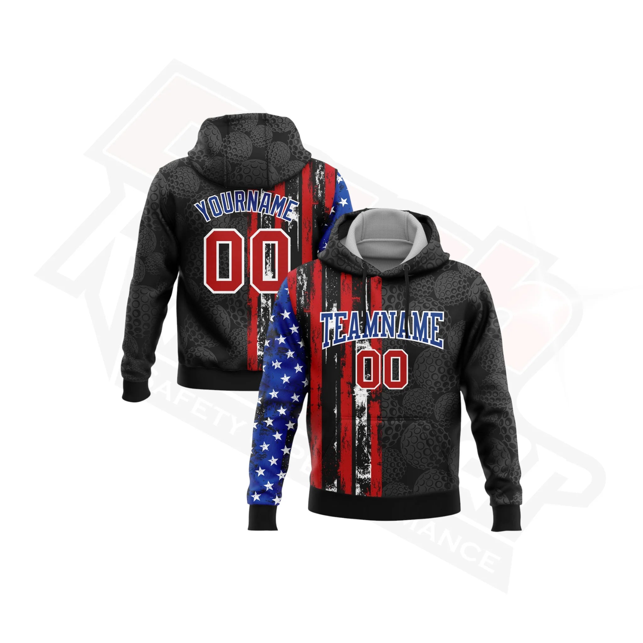 3D Golf Ball American Flag Sports Hoodie in Black Red-Royal