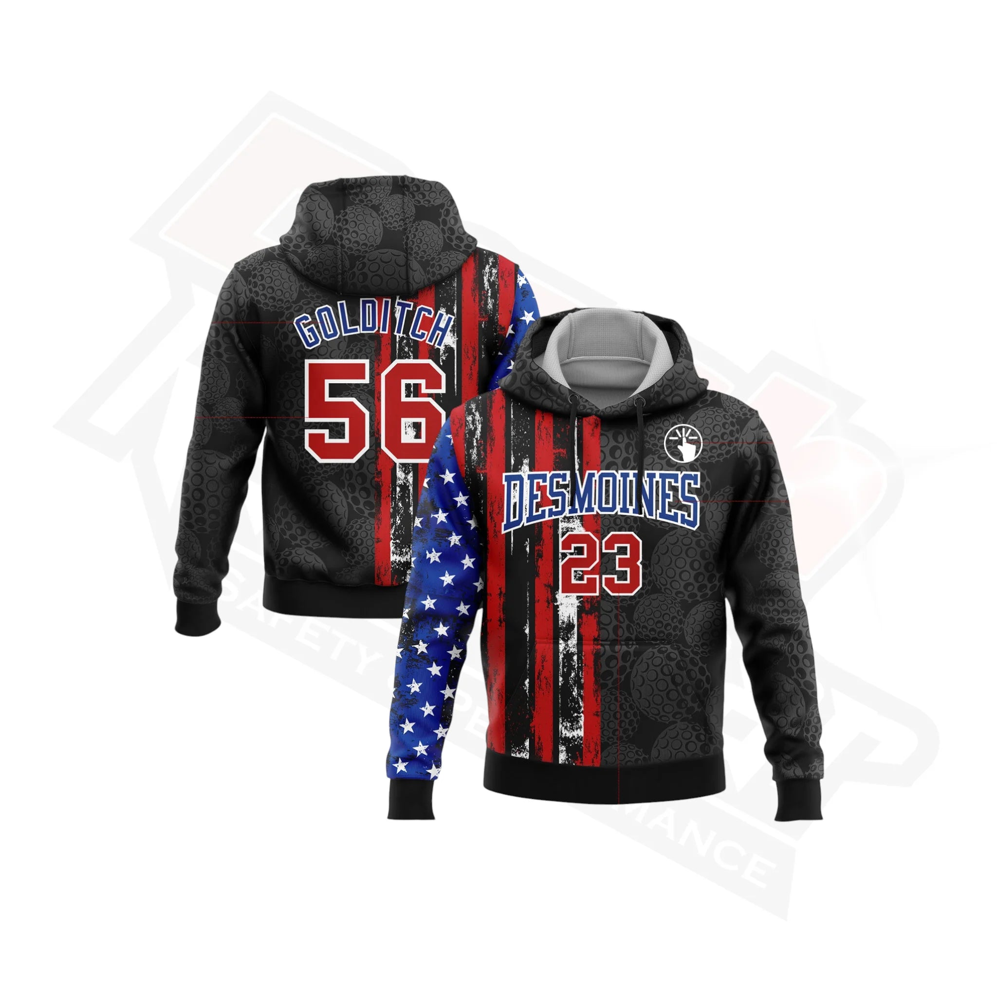 3D Golf Ball American Flag Sports Hoodie in Black Red-Royal