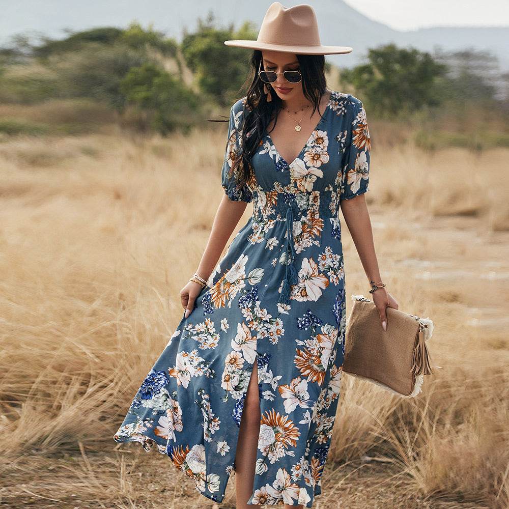 Floral Summer Beach Dress With V Neck Elastic Waist Dresses For Women - Dash Racegear