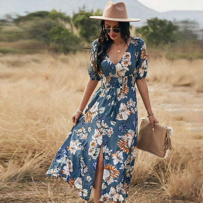 Floral Summer Beach Dress With V Neck Elastic Waist Dresses For Women - Dash Racegear