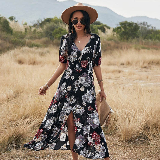 Floral Summer Beach Dress With V Neck Elastic Waist Dresses For Women - Dash Racegear