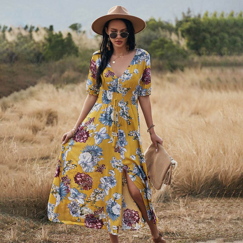 Floral Summer Beach Dress With V Neck Elastic Waist Dresses For Women - Dash Racegear