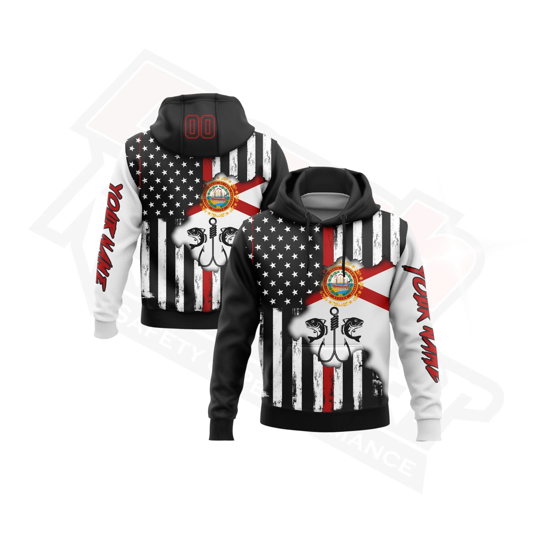 Black Red-White Fish Hook Hoodie with 3D American Flag Design