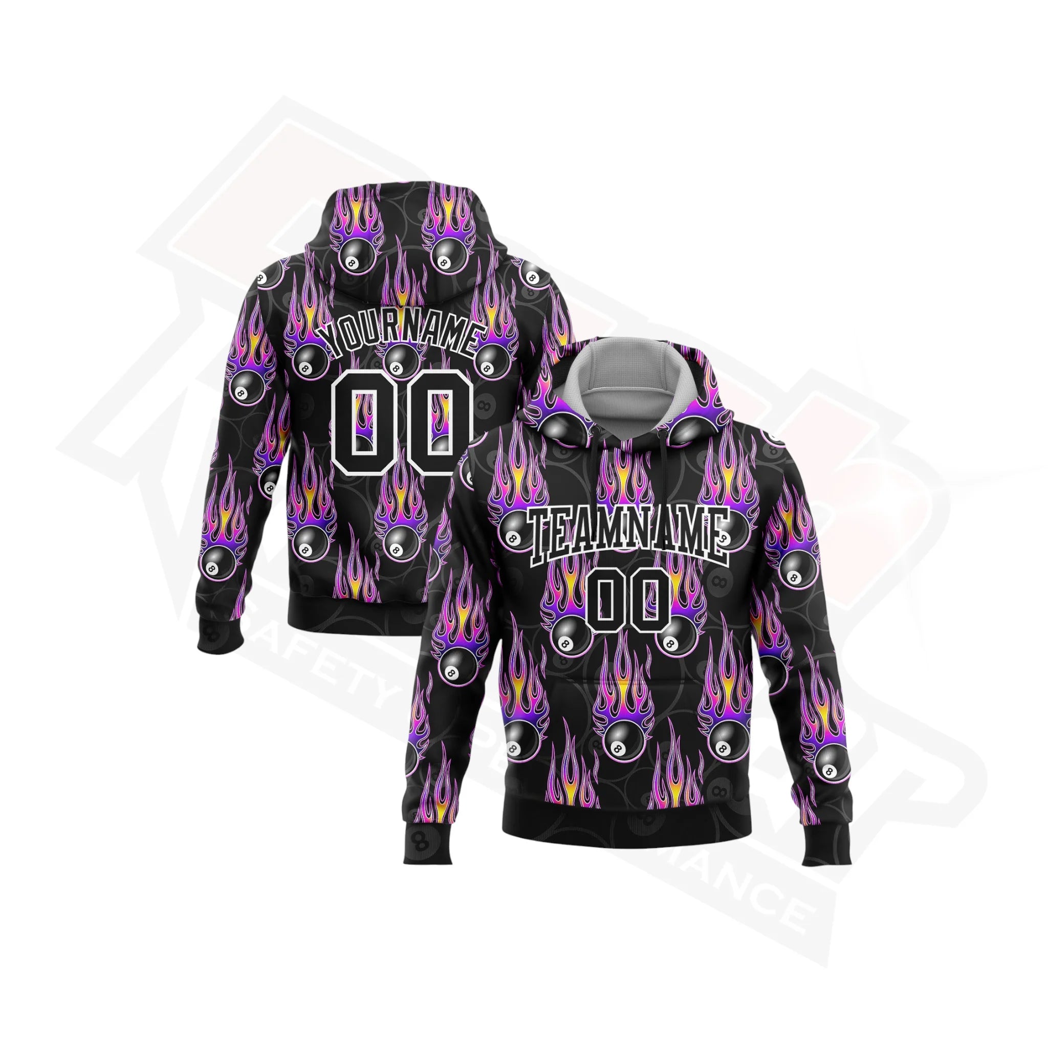 Black White-Purple 3D Flame 8 Ball Billiard Sports Hoodie