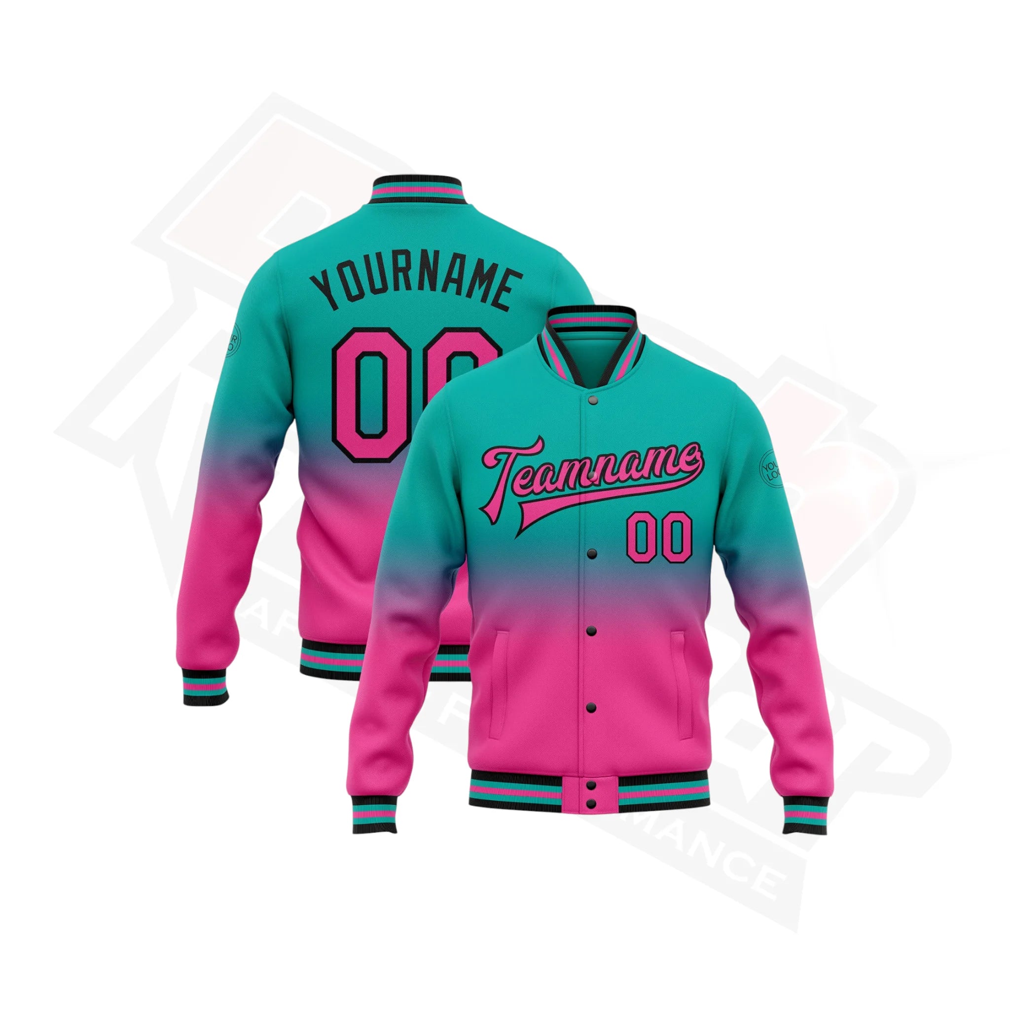 Custom Aqua, Pink & Black Bomber Varsity Full-Snap Jacket