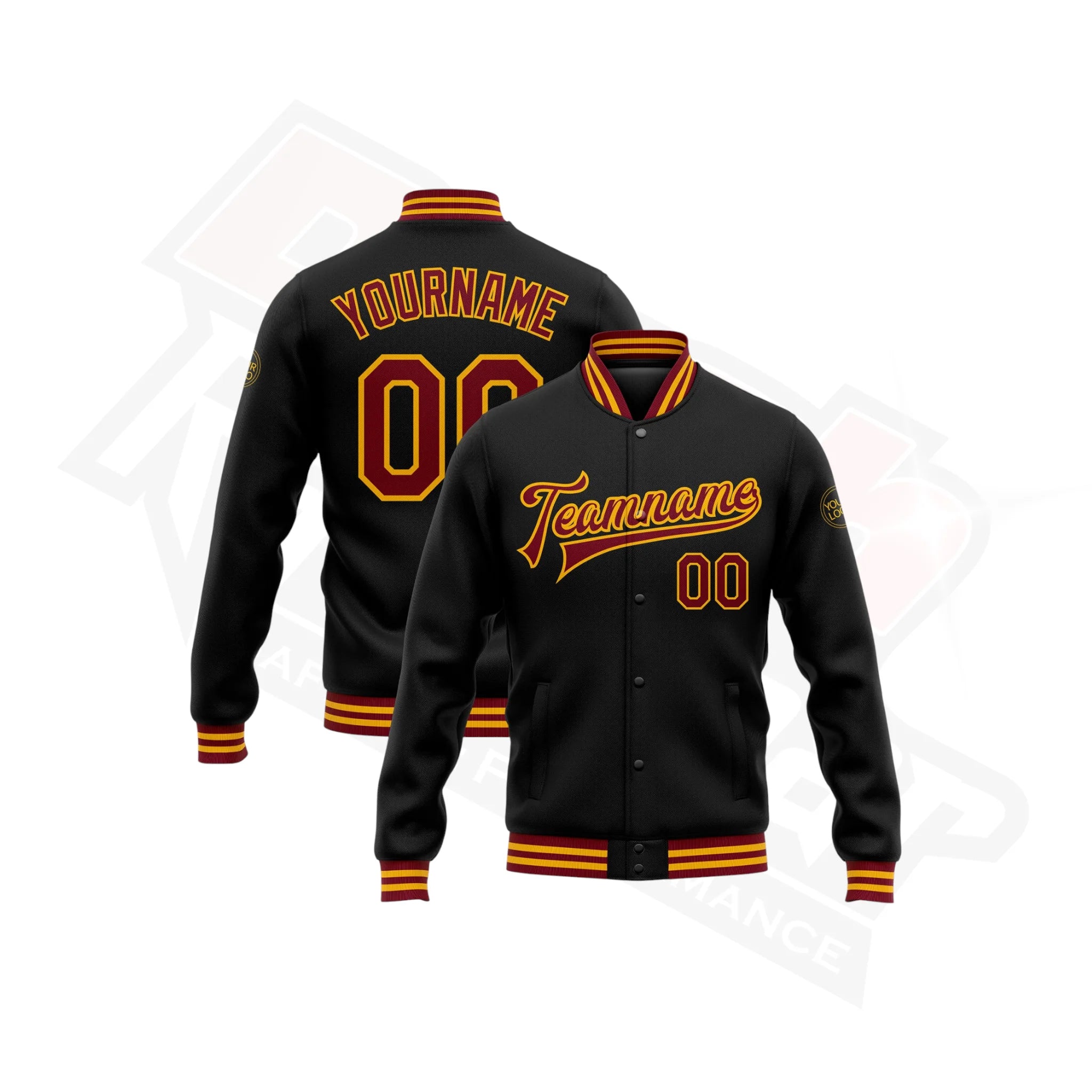 Custom Black & Crimson-Gold Bomber Full-Snap Varsity Jacket