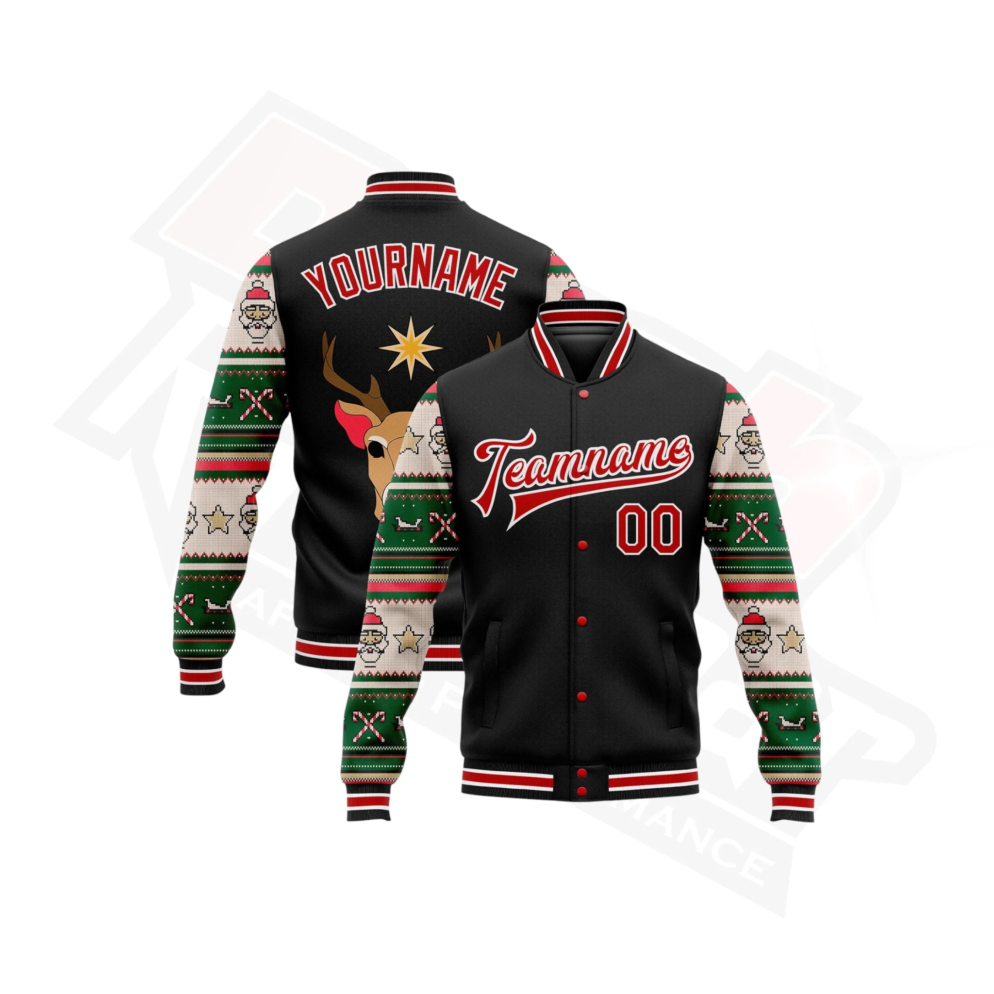 Custom Black & Red-White Christmas 3D Bomber Varsity Jacket