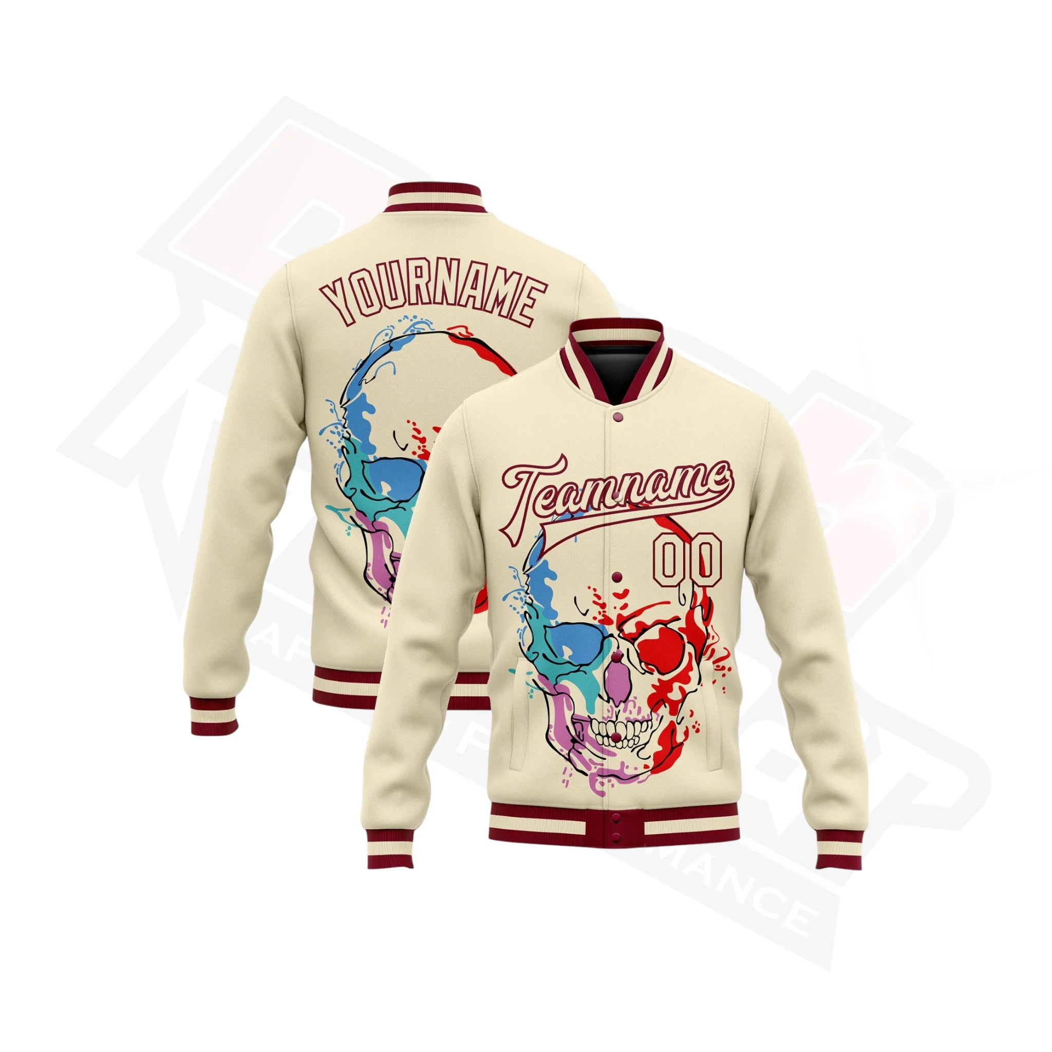 Custom Cream & Maroon Skull 3D Bomber Full-Snap Varsity Jacket