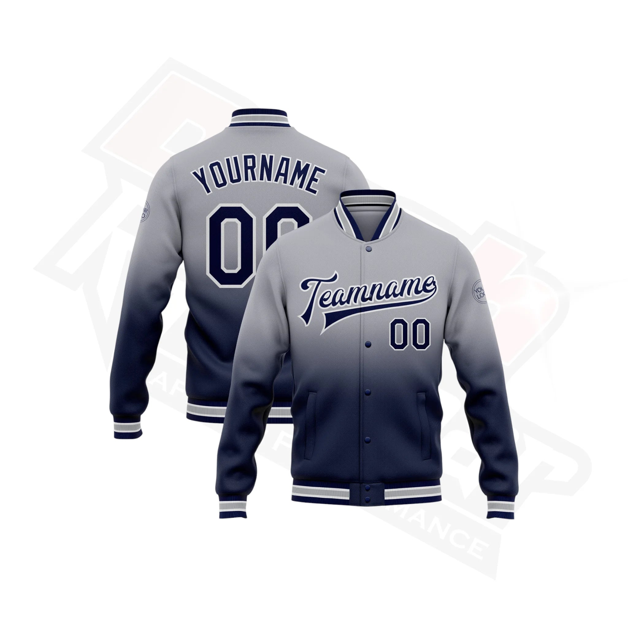 Custom Gray, Navy & White Bomber Full-Snap Varsity Jacket