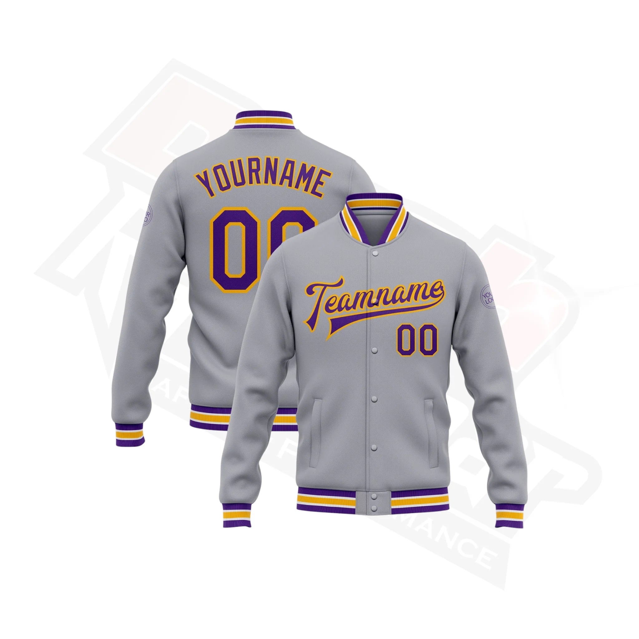 Custom Gray & Purple-Gold Bomber Full-Snap Varsity Jacket