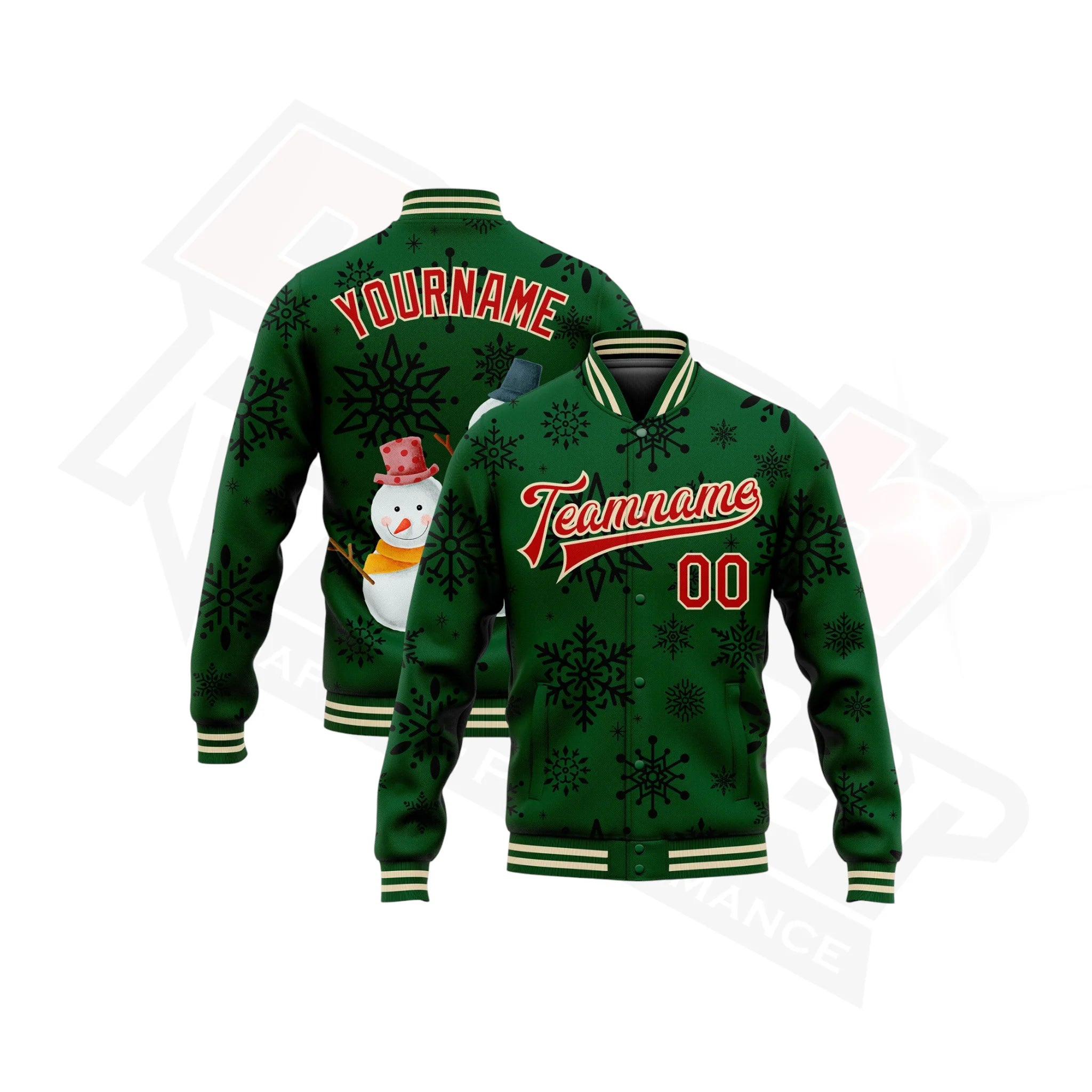 Custom Green, Red & Cream Christmas 3D Bomber Varsity Jacket