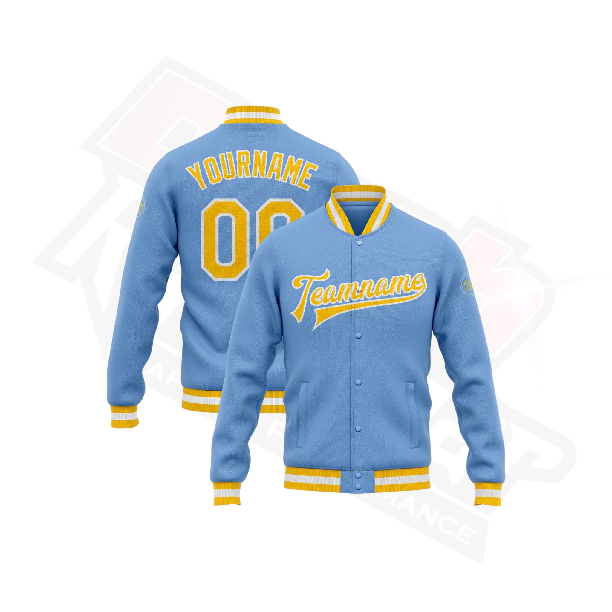 Custom Light Blue & Gold-White Bomber Full-Snap Varsity Jacket