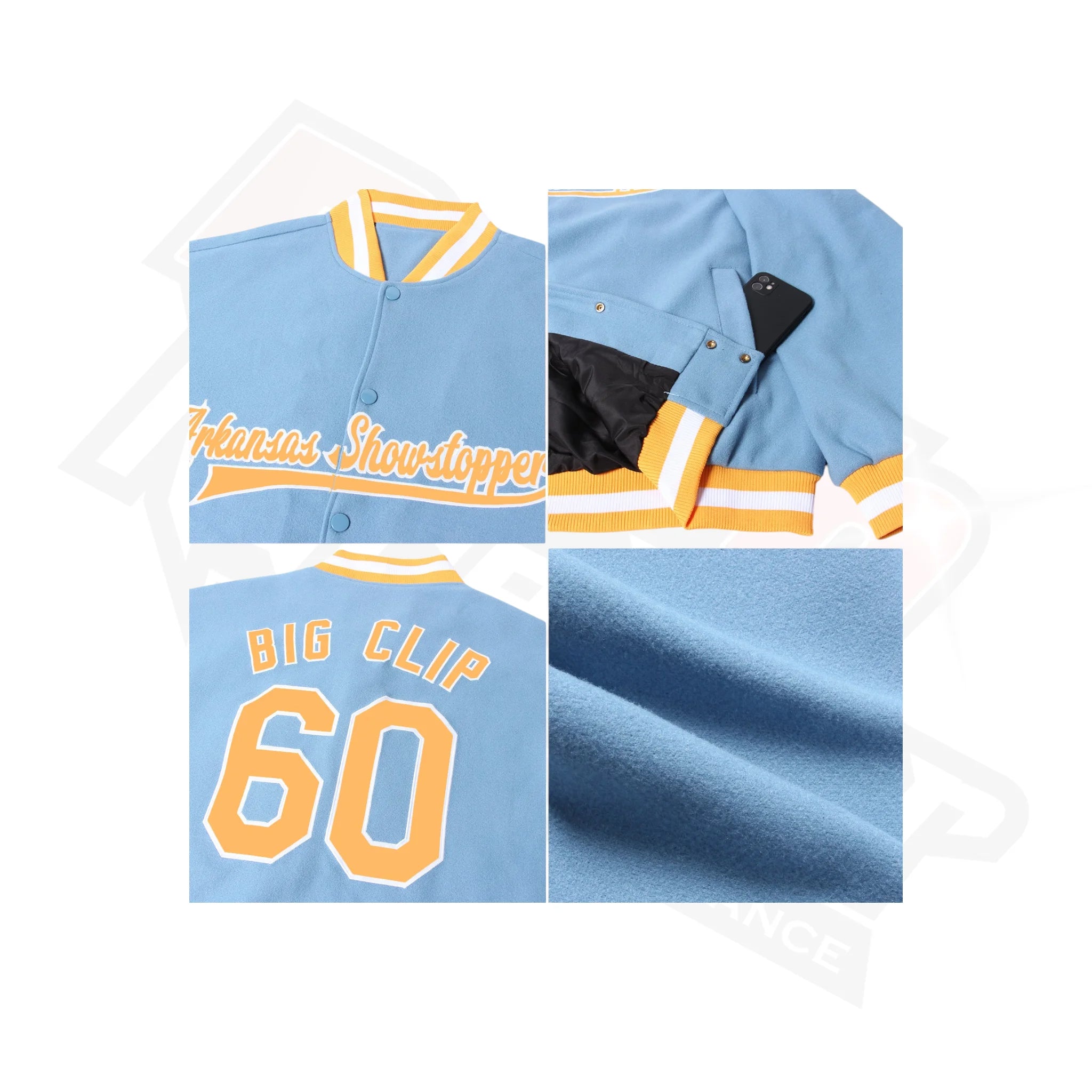 Custom Light Blue & Gold-White Bomber Full-Snap Varsity Jacket