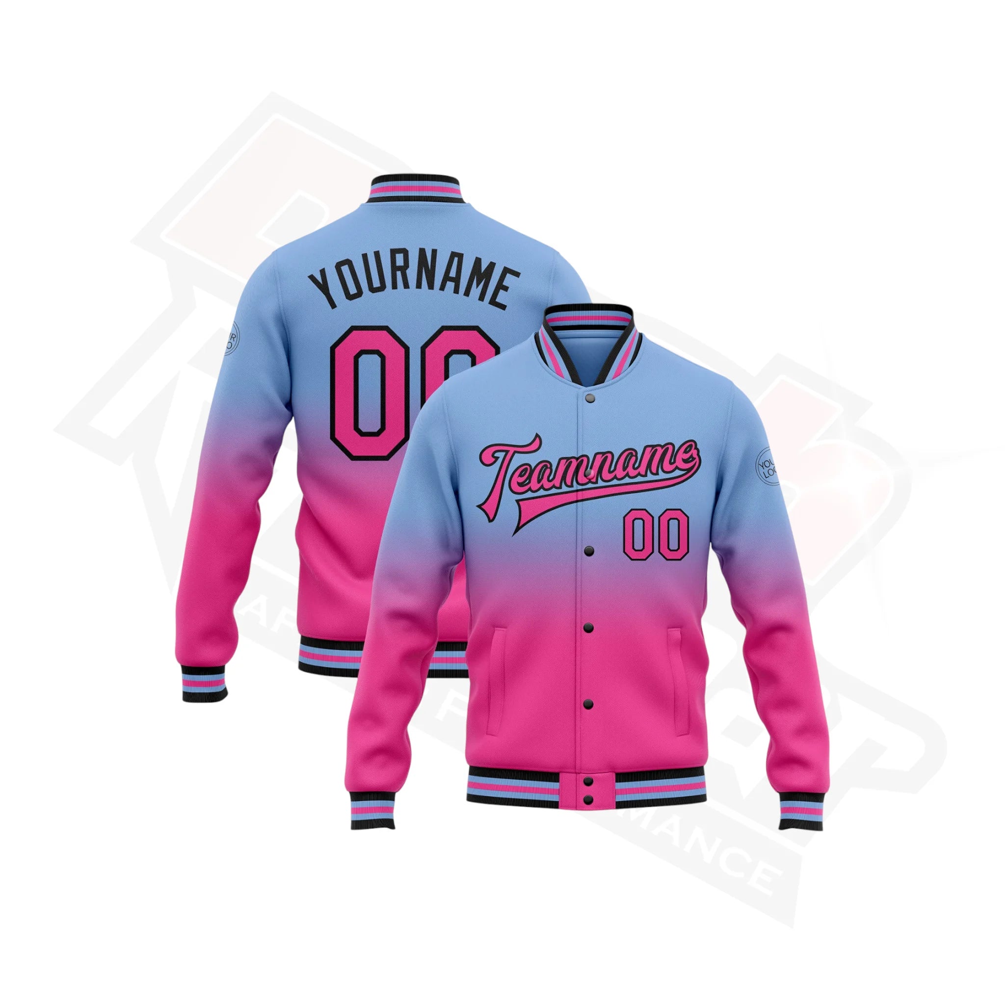 Custom Light Blue, Pink & Black Bomber Varsity Full-Snap Jacket