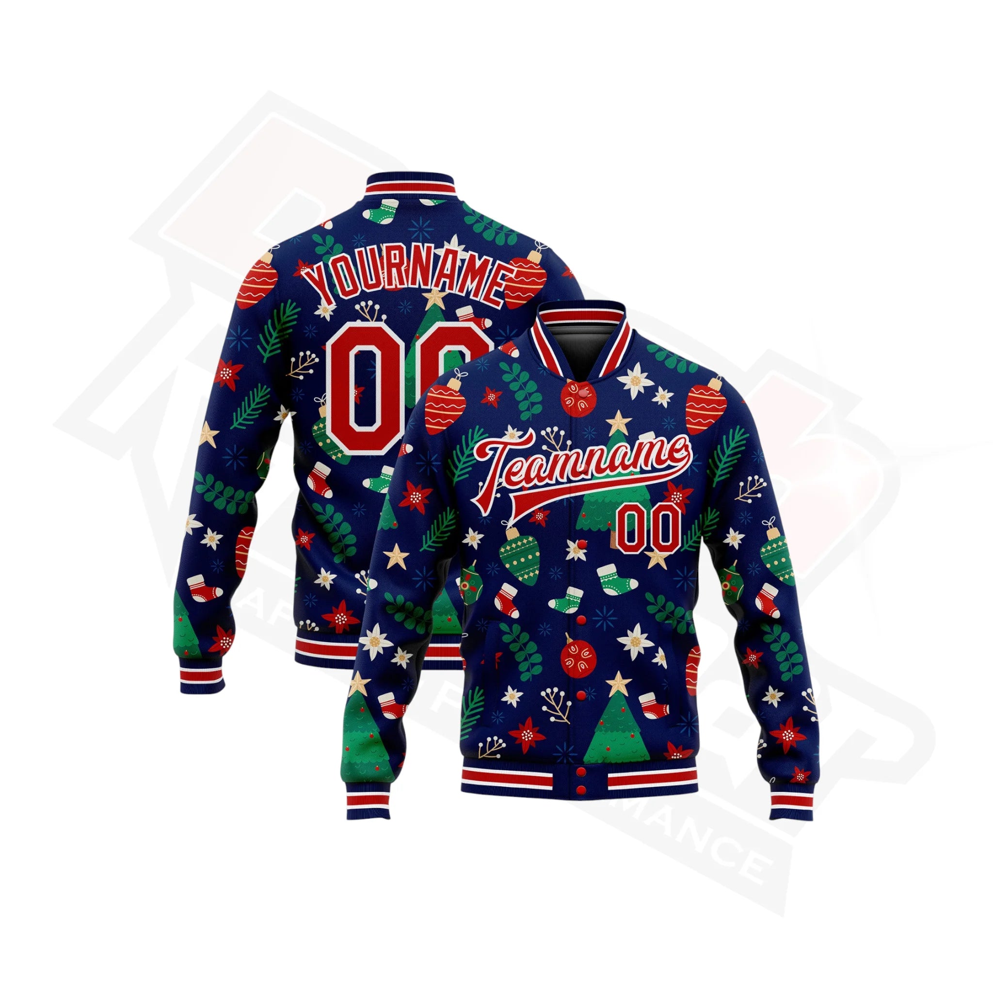 Custom Navy & Red-White Christmas 3D Bomber Varsity Letterman Jacket