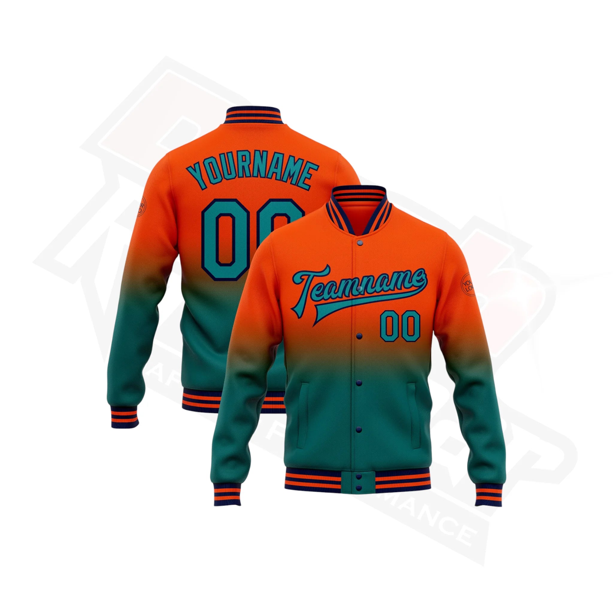 Custom Orange, Teal & Navy Bomber Full-Snap Varsity Jacket