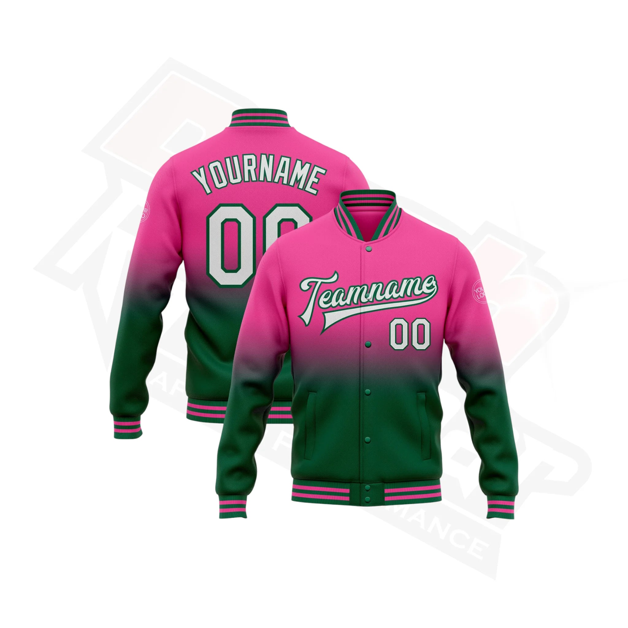 Custom Pink, White & Green Bomber Varsity Full-Snap Jacket