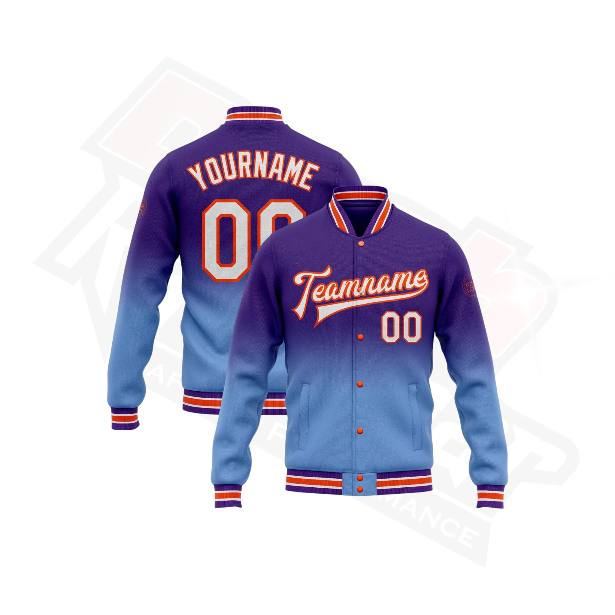 Custom Purple, White & Blue-Orange Bomber Varsity Snap Jacket