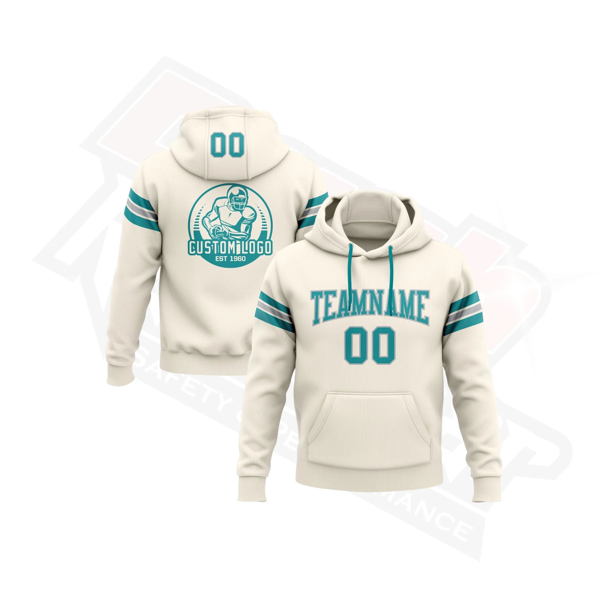 Custom Stitched Cream with Teal-Gray Accent Football Pullover Hoodie