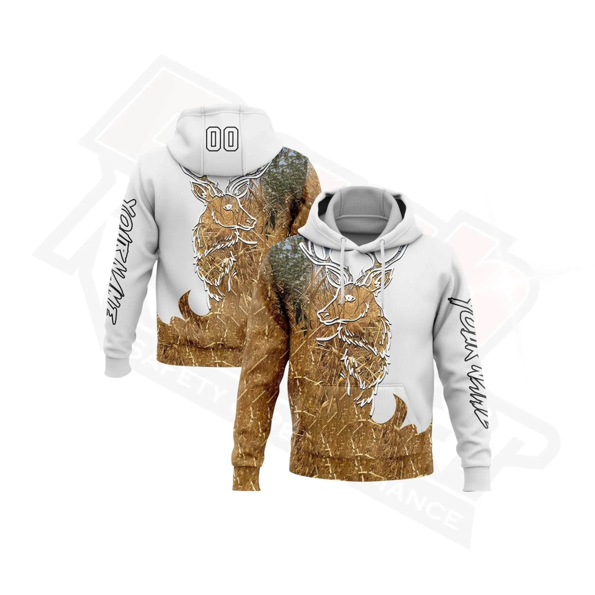 Custom Stitched White & Black - Old Gold 3D Deer Hunting Hoodie
