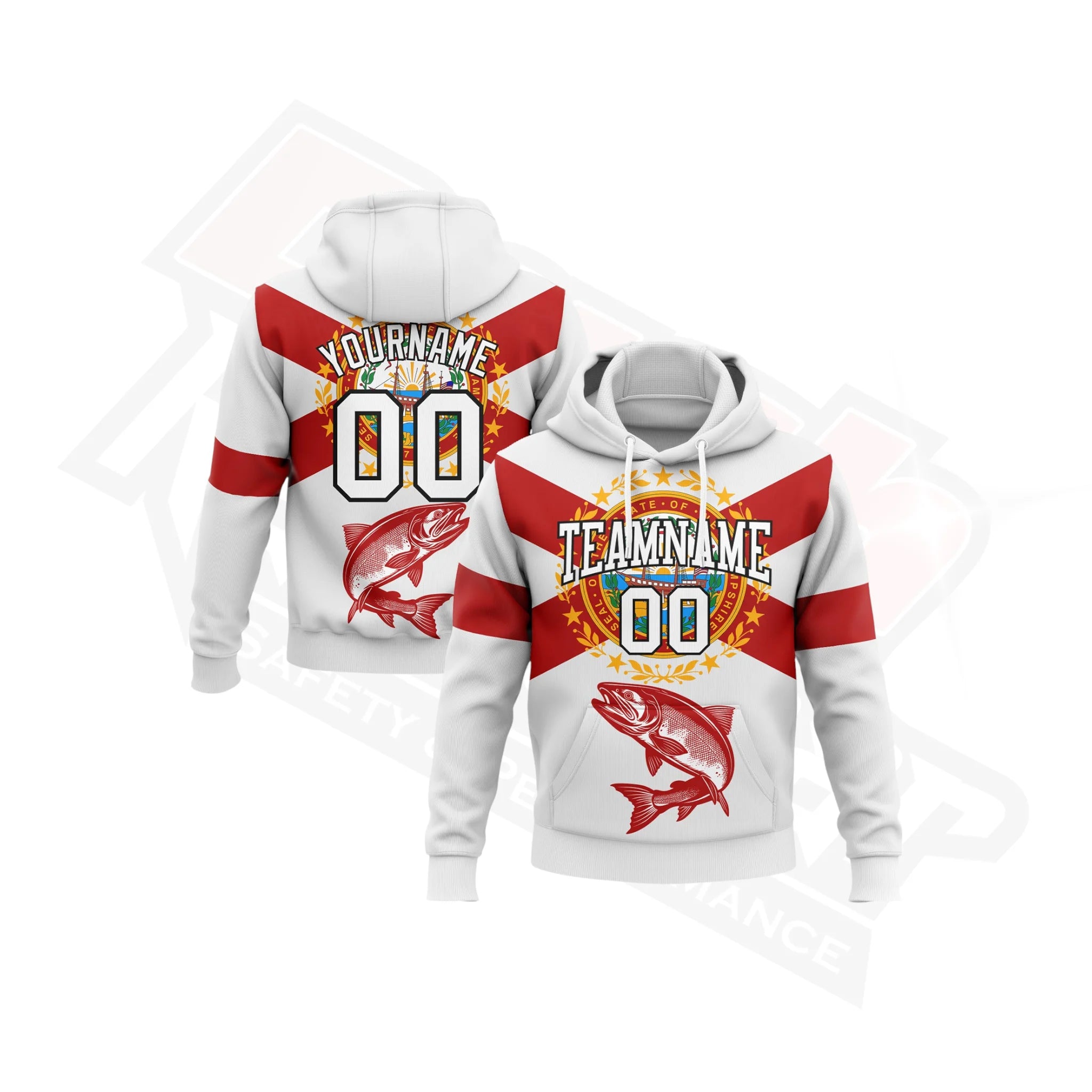 Custom Stitched White & Red-Black 3D Atlantic Salmon Fishing Hoodie