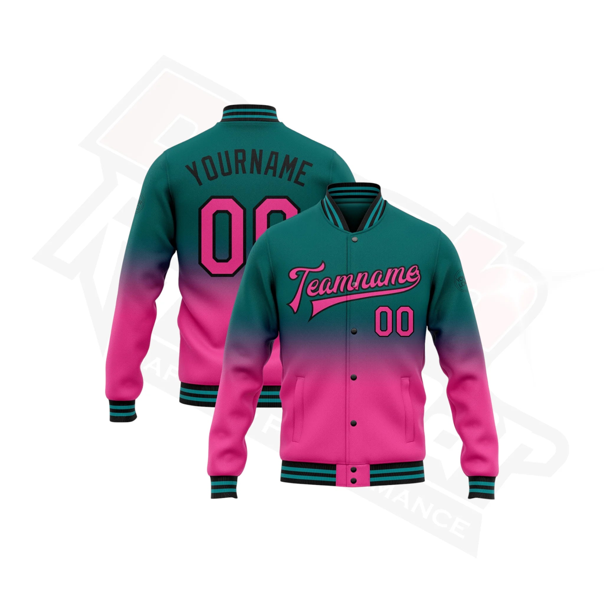 Custom Teal, Pink & Black Bomber Varsity Full-Snap Jacket