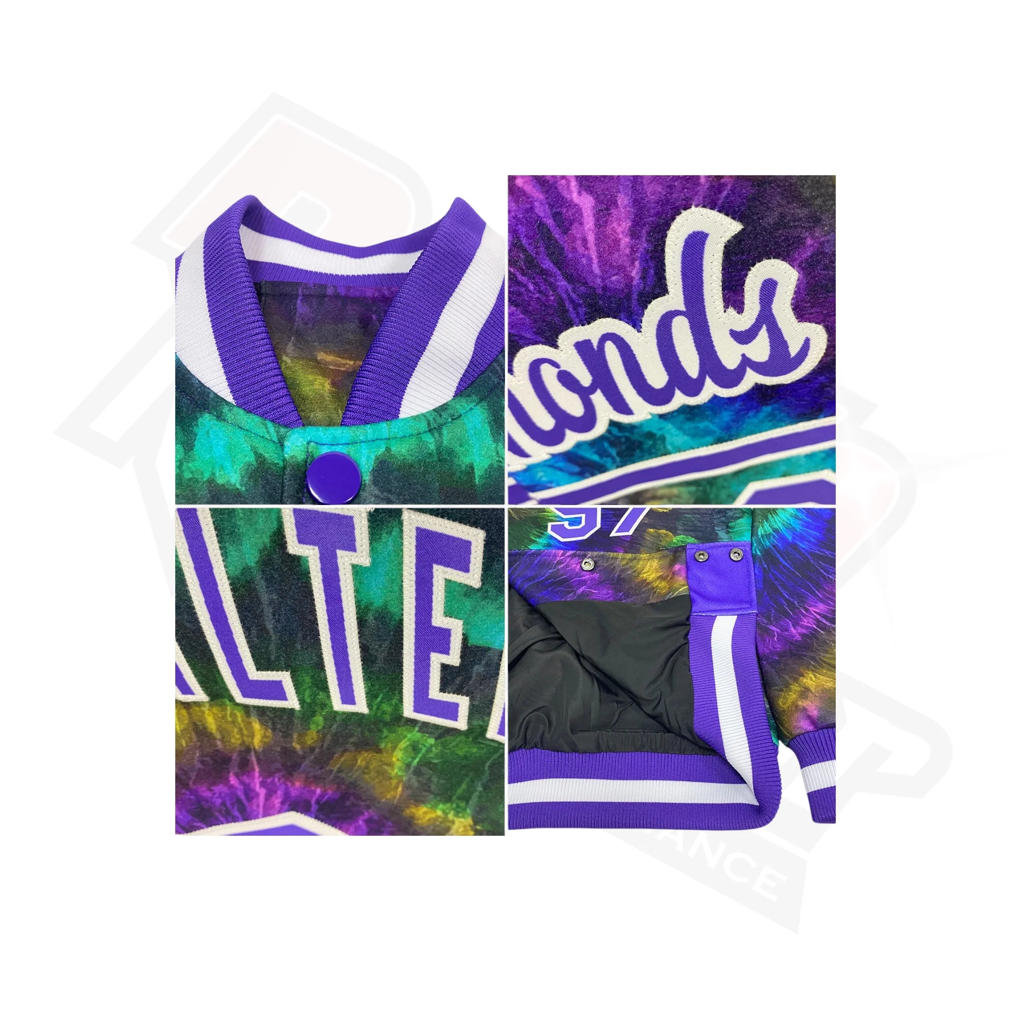 Custom Tie Dye Purple-White Rainbow 3D Bomber Varsity Jacket