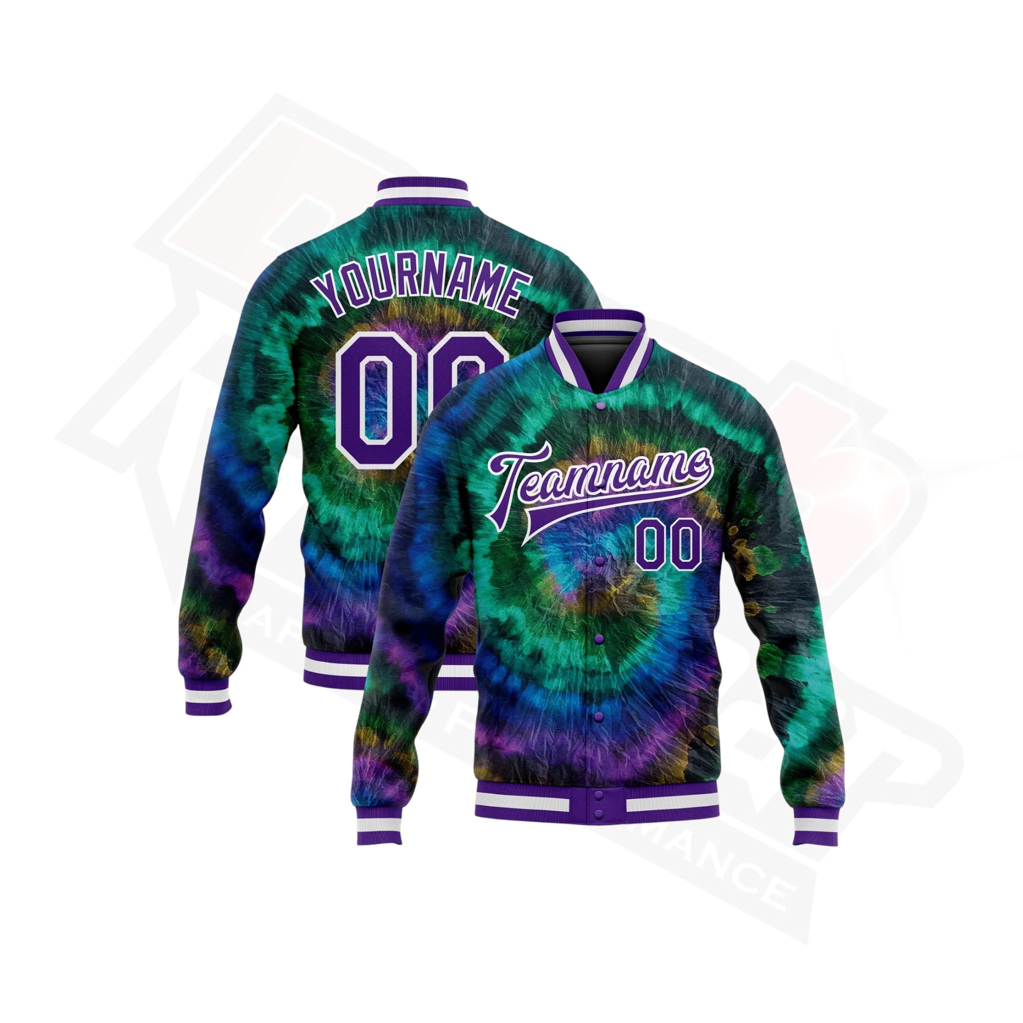 Custom Tie Dye Purple-White Rainbow 3D Bomber Varsity Jacket