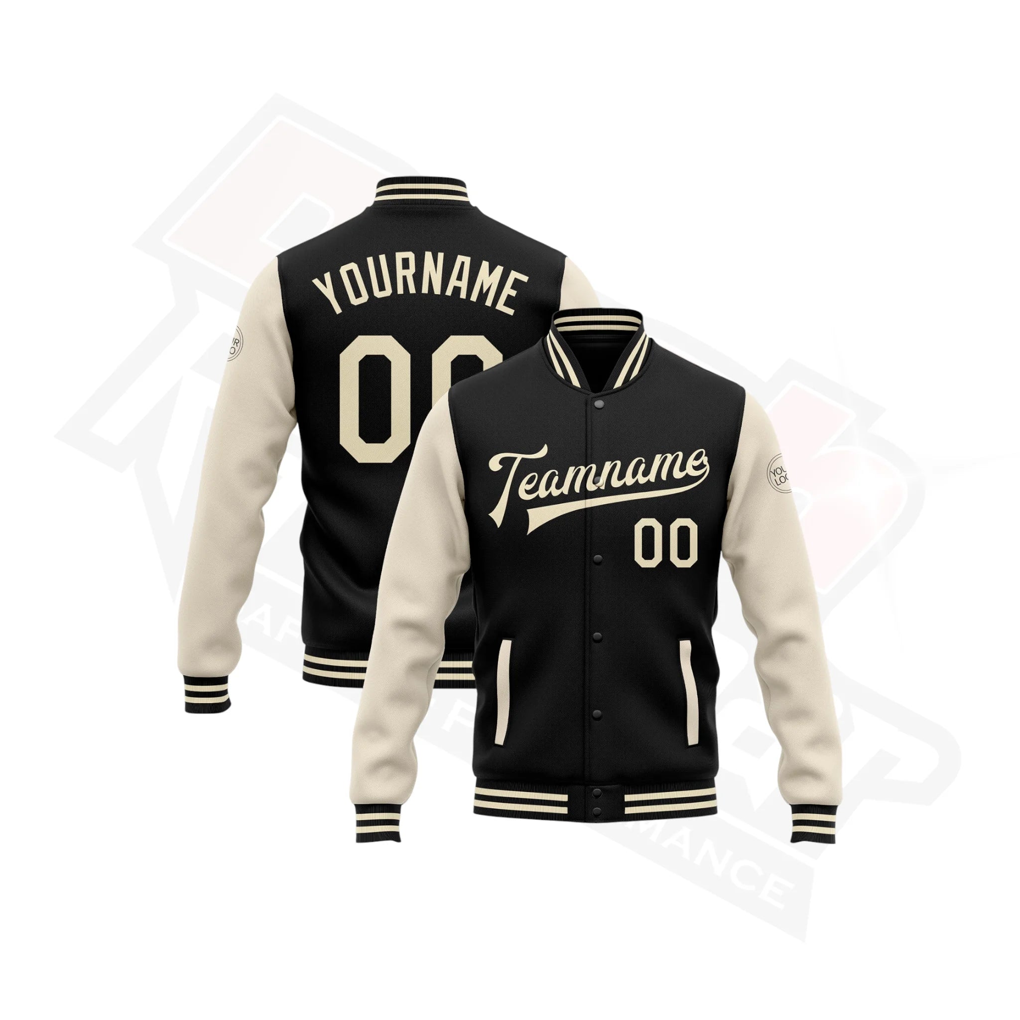 Custom Black & Cream Two-Tone Full-Snap Varsity Bomber Jacket