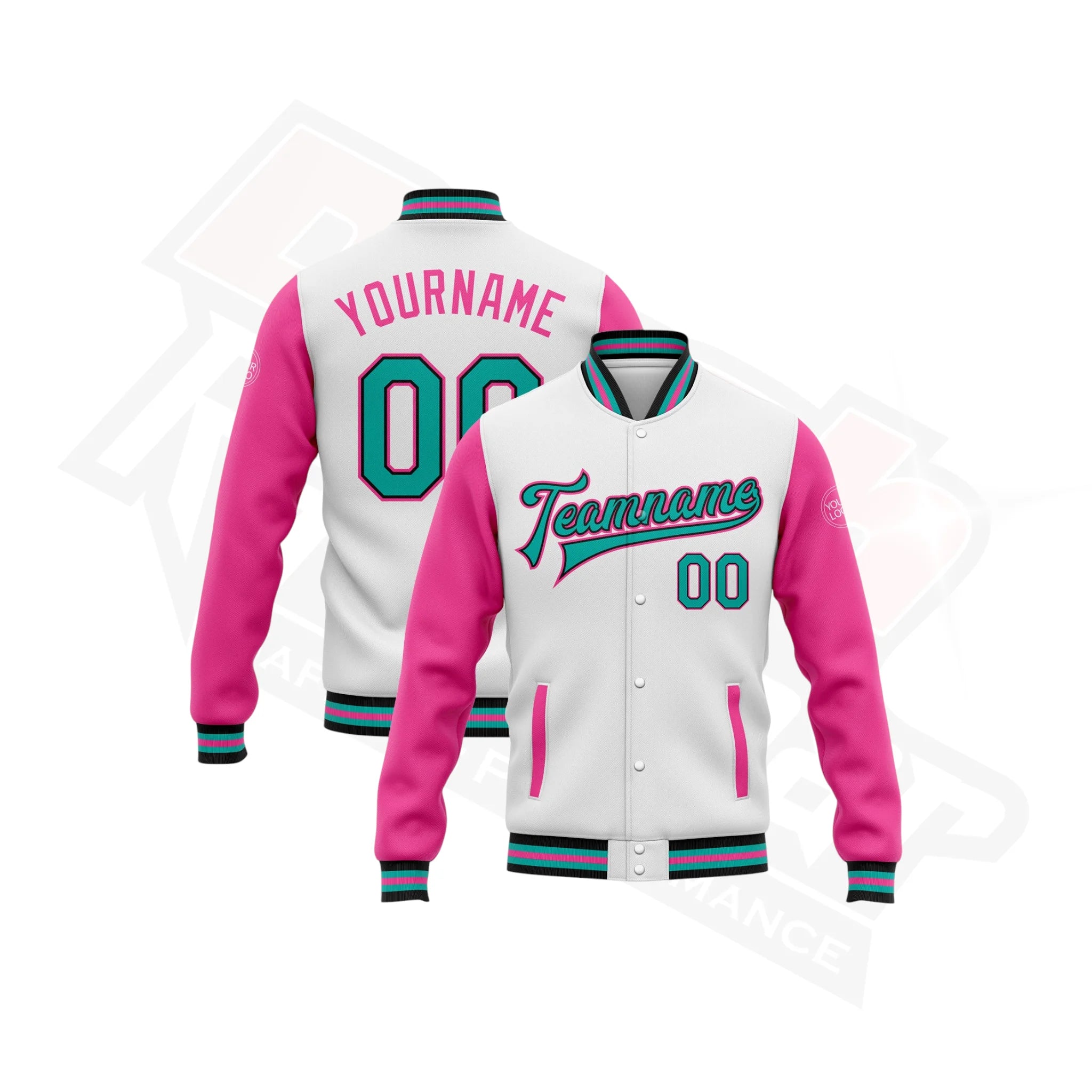 Custom White & Aqua-Black-Pink Two-Tone Bomber Varsity Jacket