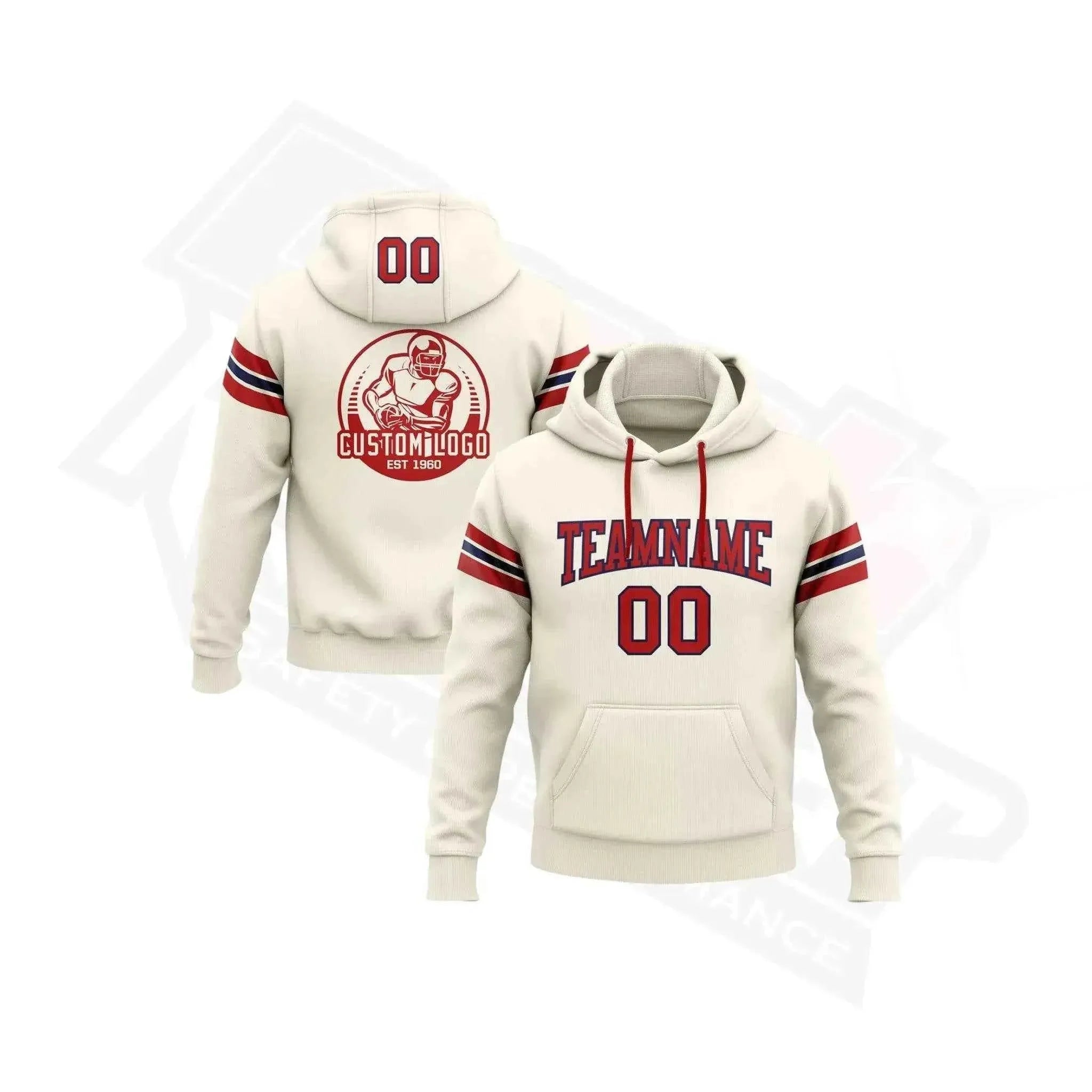 Custom Stitched Cream, Red & Navy Football Pullover Hoodie