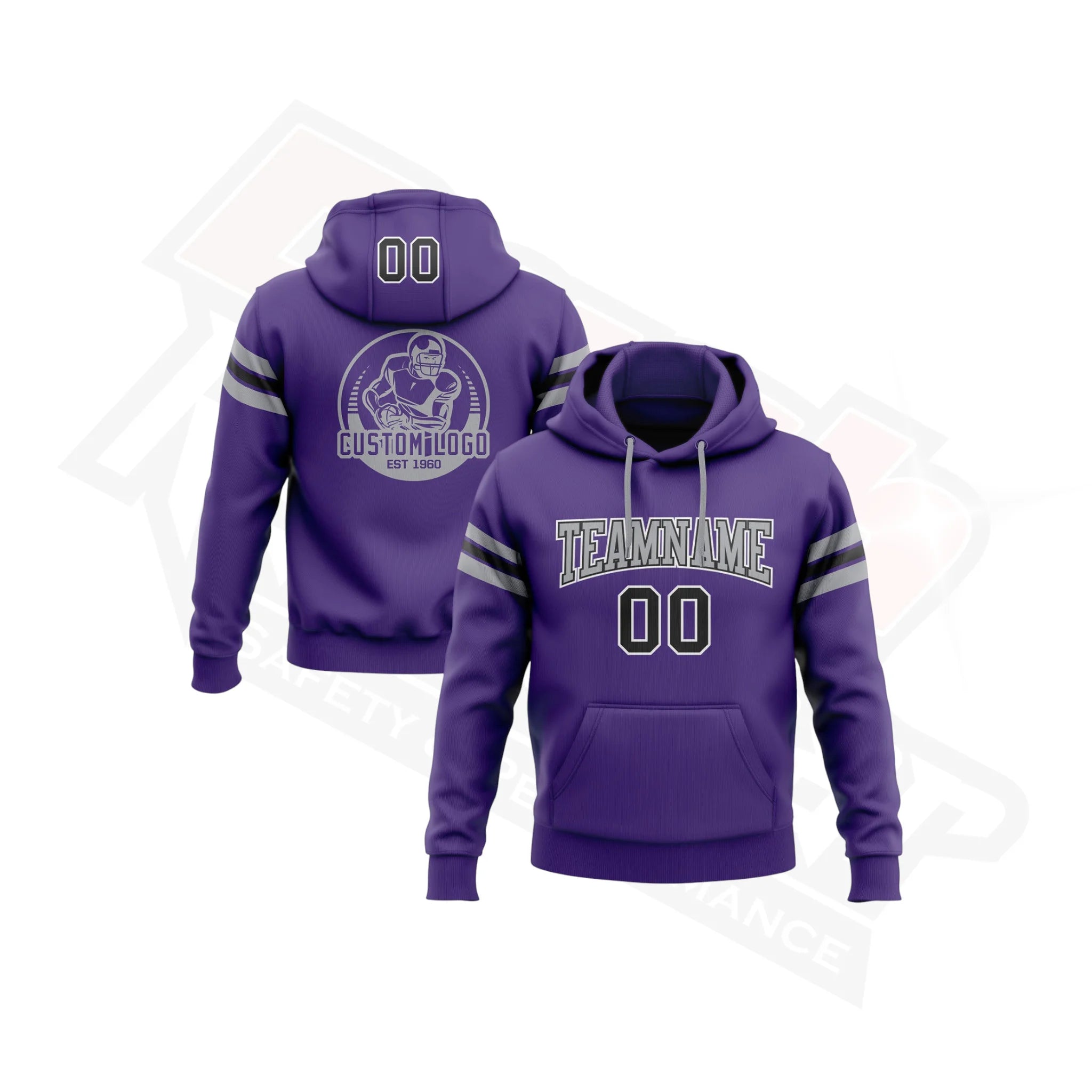 Modern Purple, Black & Gray Custom Stitched Football Pullover Hoodie