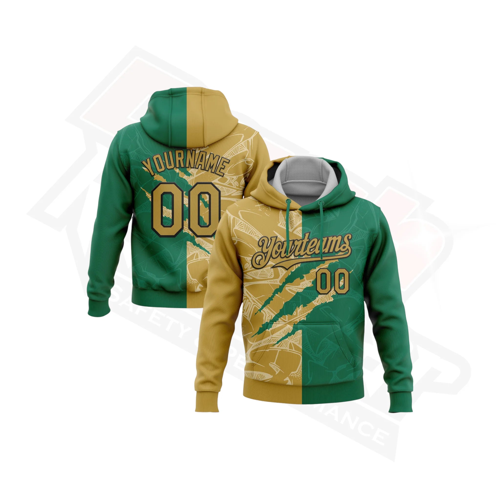 Old Gold & Kelly Green Graffiti 3D Scratch Sports Hoodie