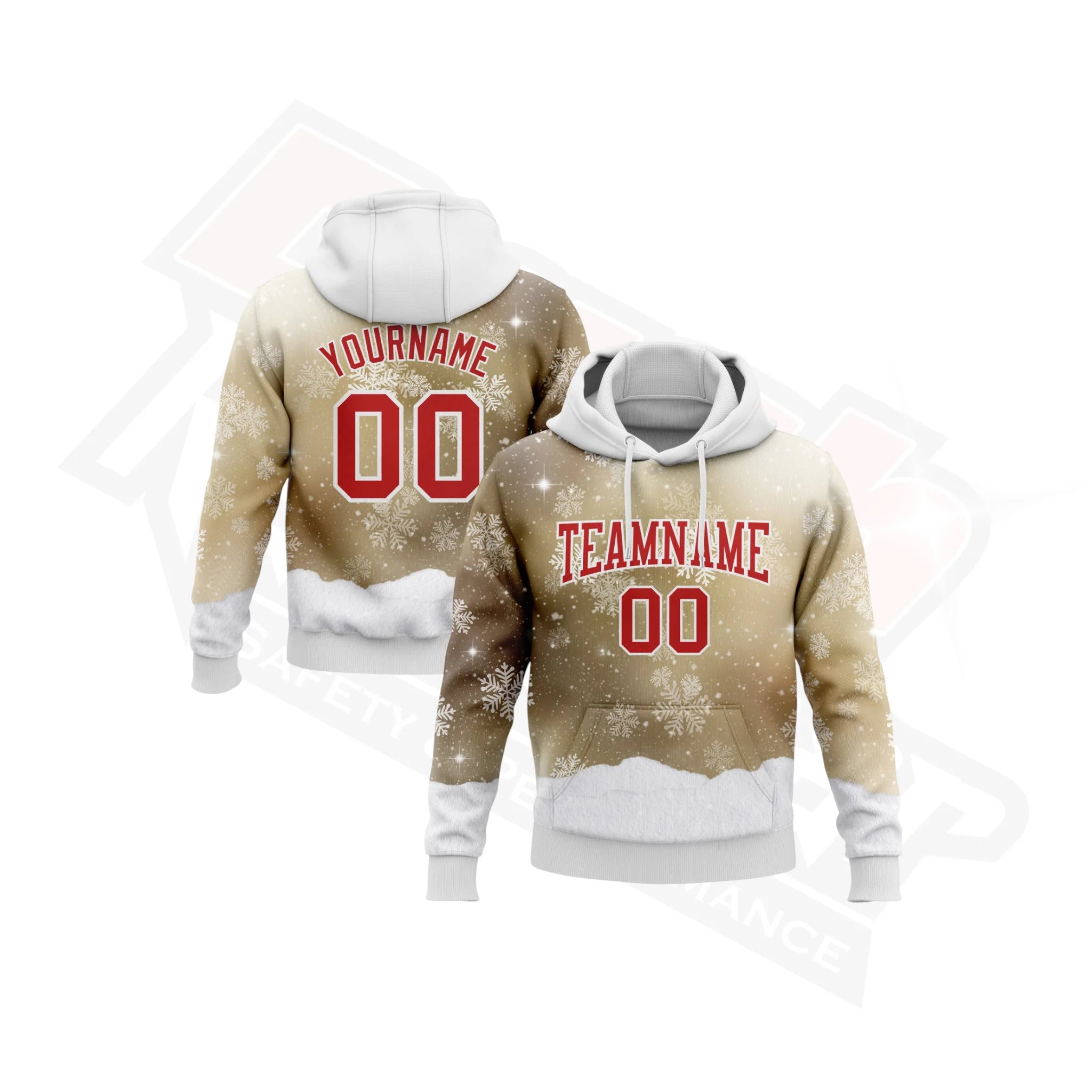 Old Gold, Red & White Christmas Snowflakes 3D Hoodie with Stitching