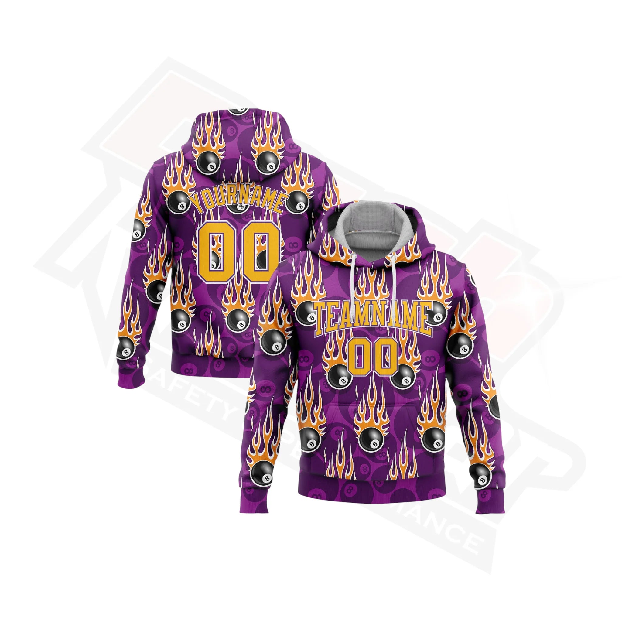 Purple Gold-White 3D Billiard 8 Ball with Hotrod Flame Hoodie