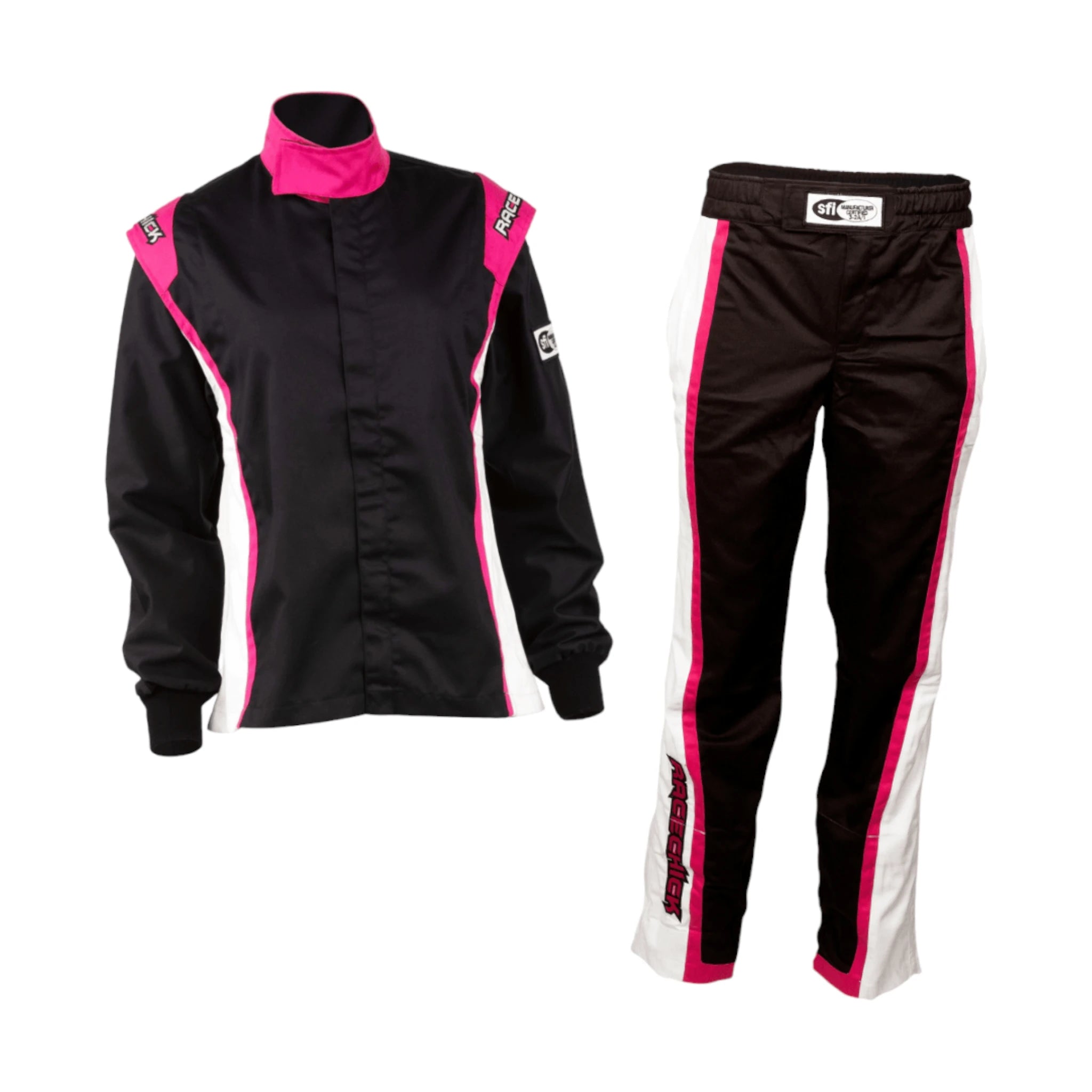 RACECHICK FIERCE TWO-PIECE WOMEN'S AUTO RACING SUIT SFI 3.2A/1 (BLACK/PINK)