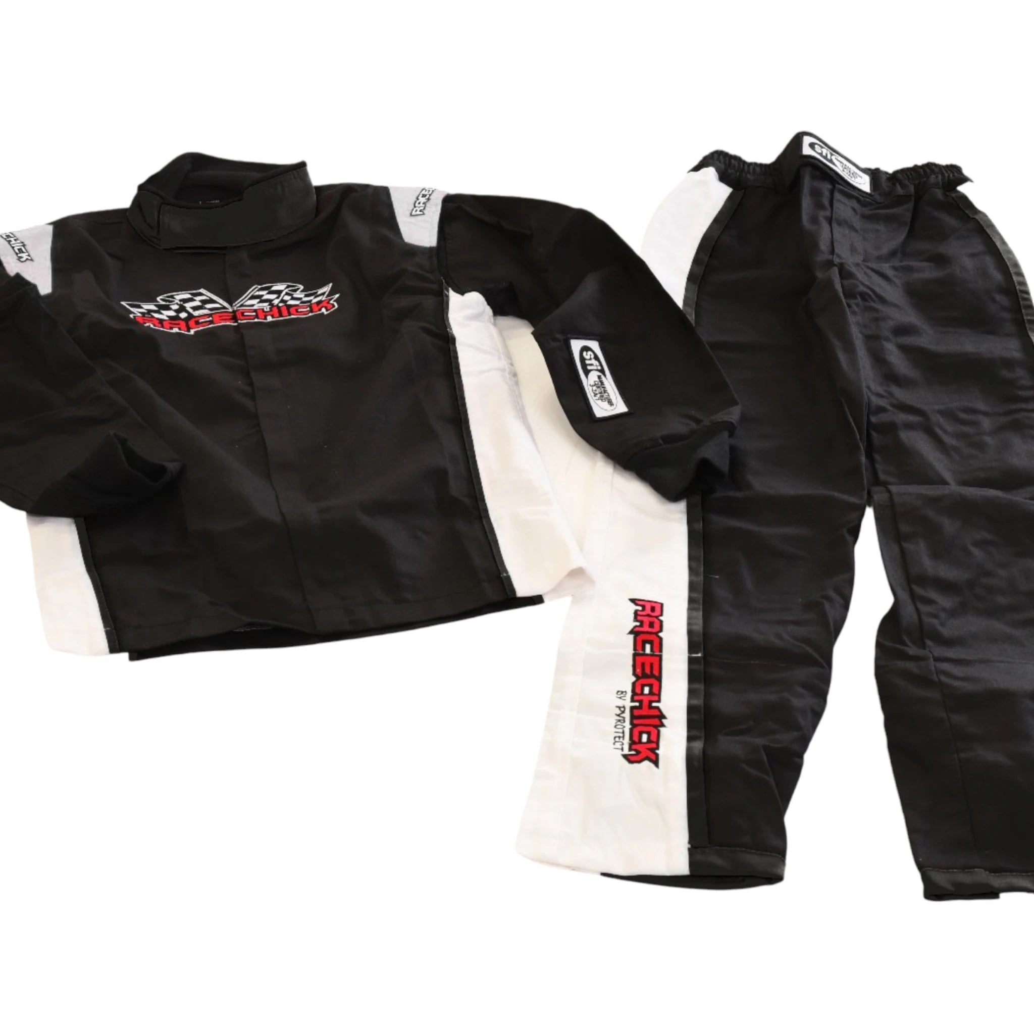 RACECHICK FIERCE TWO-PIECE WOMEN'S AUTO RACING SUIT SFI 3.2A/1 (BLACK/WHITE)