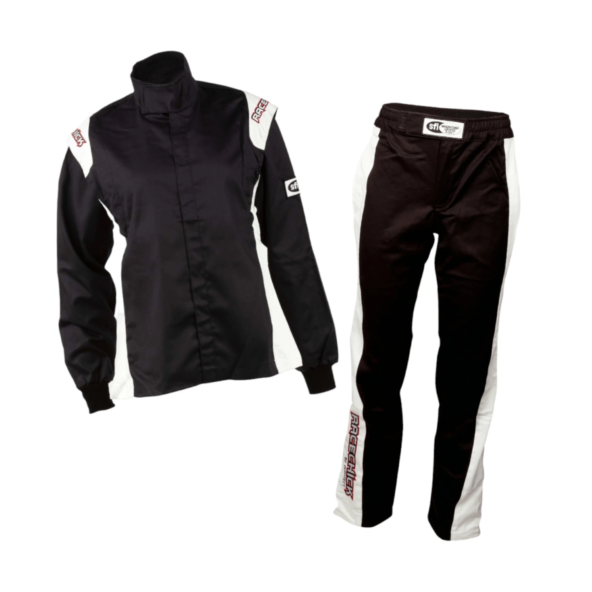 RACECHICK FIERCE TWO-PIECE WOMEN'S AUTO RACING SUIT SFI 3.2A/1 (BLACK/WHITE)