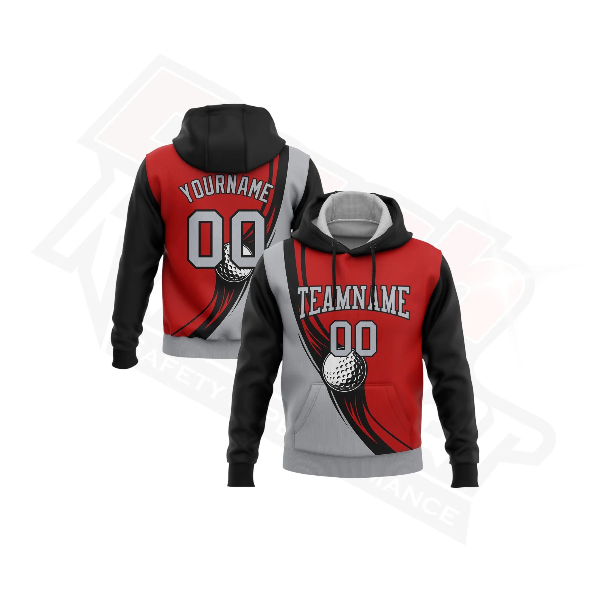 Red Gray & Black 3D Golf Ball Sports Hoodie - Custom Stitched