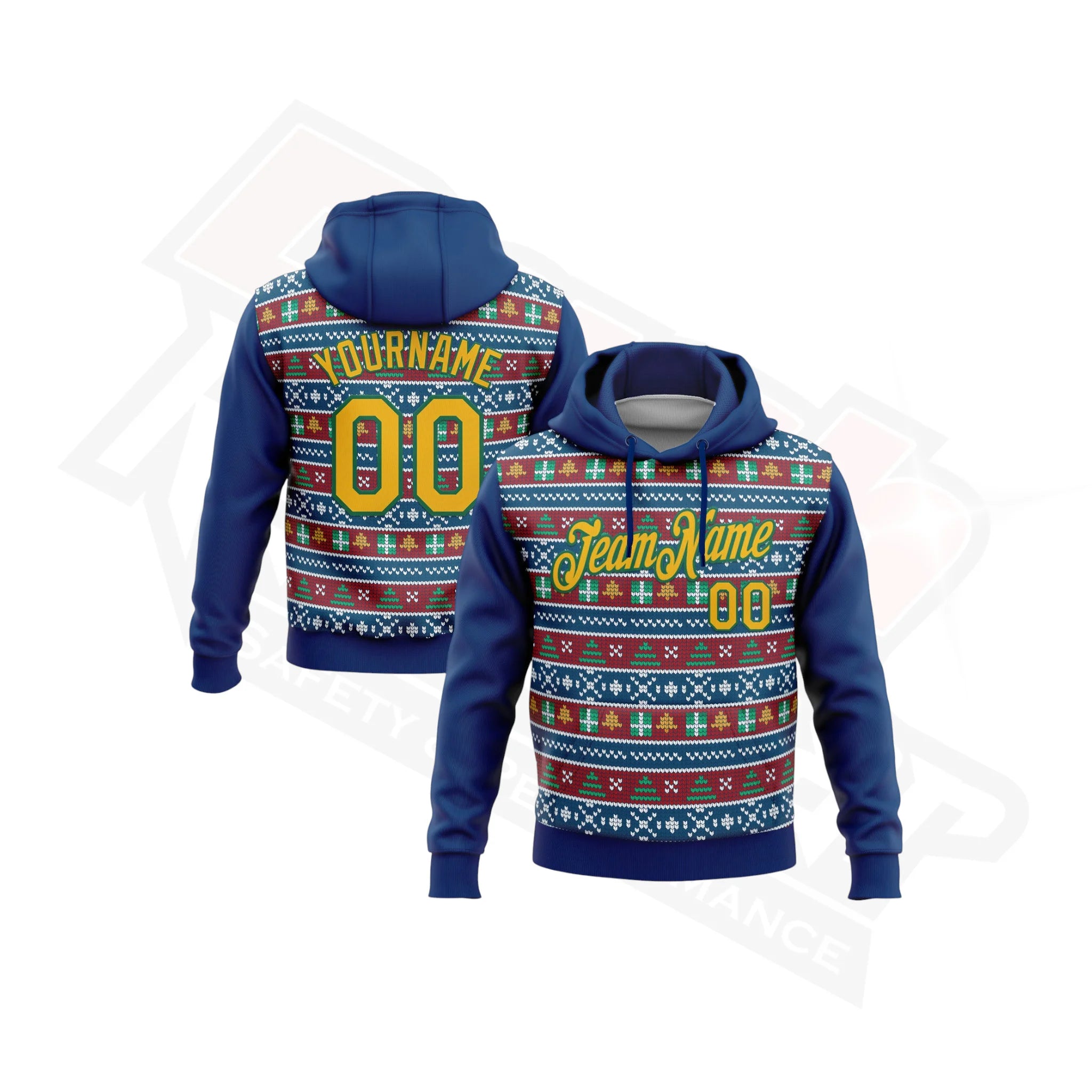 US Navy Blue, Gold & Kelly Green 3D Christmas Hoodie with Stitching