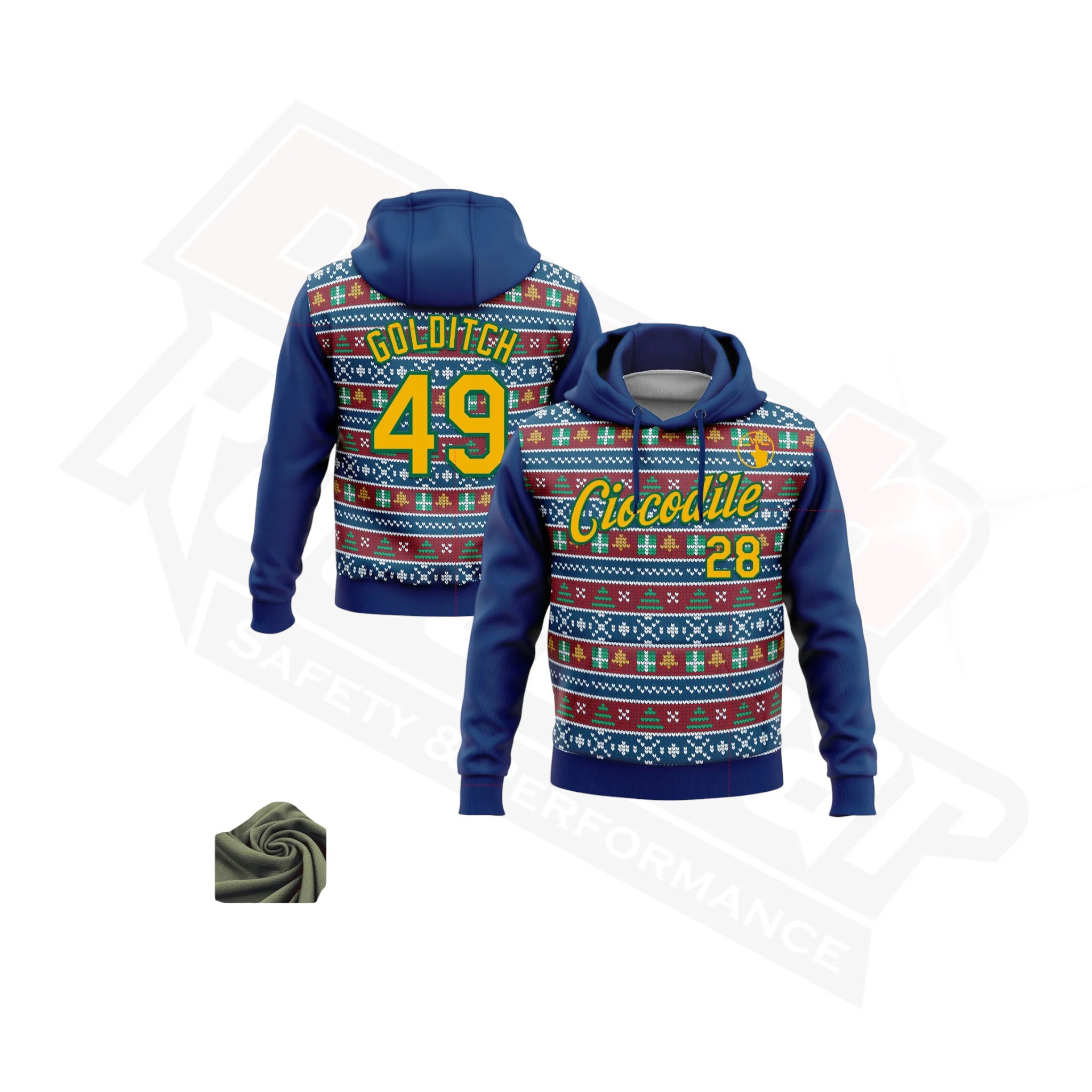 US Navy Blue, Gold & Kelly Green 3D Christmas Hoodie with Stitching