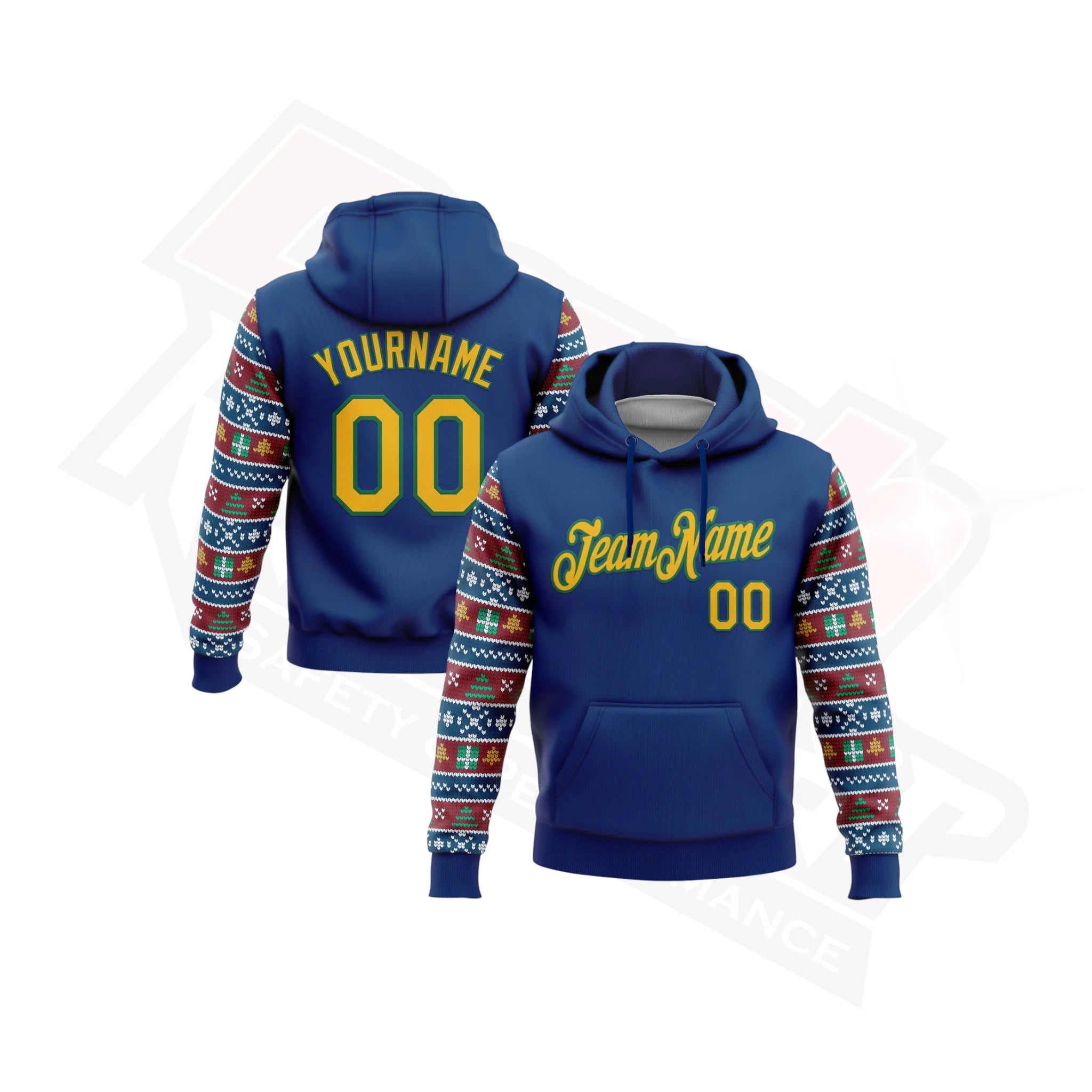 US Navy Blue, Gold & Kelly Green 3D Pullover Christmas Hoodie