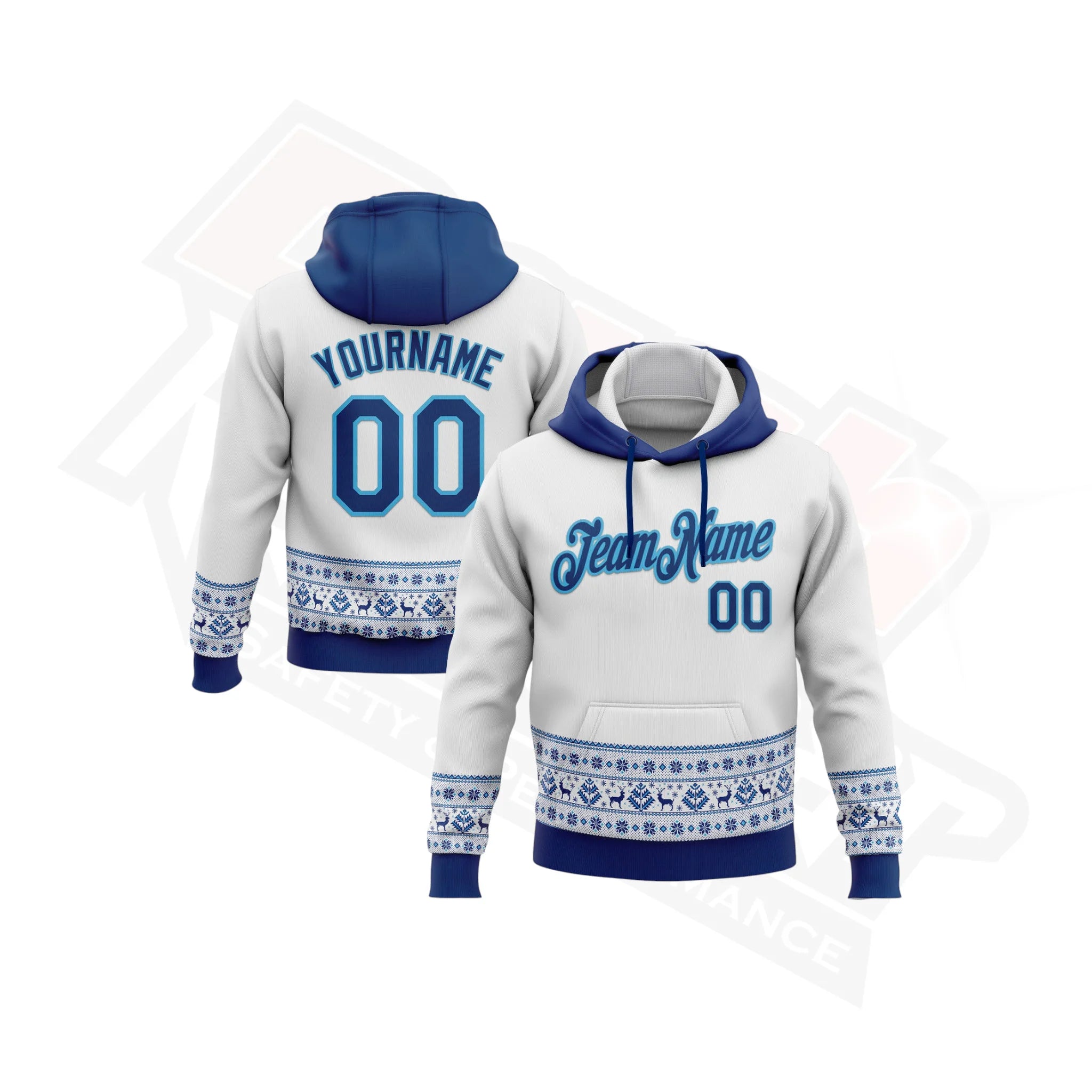 White, Navy Blue & Sky Blue 3D Christmas Hoodie with Custom Stitching