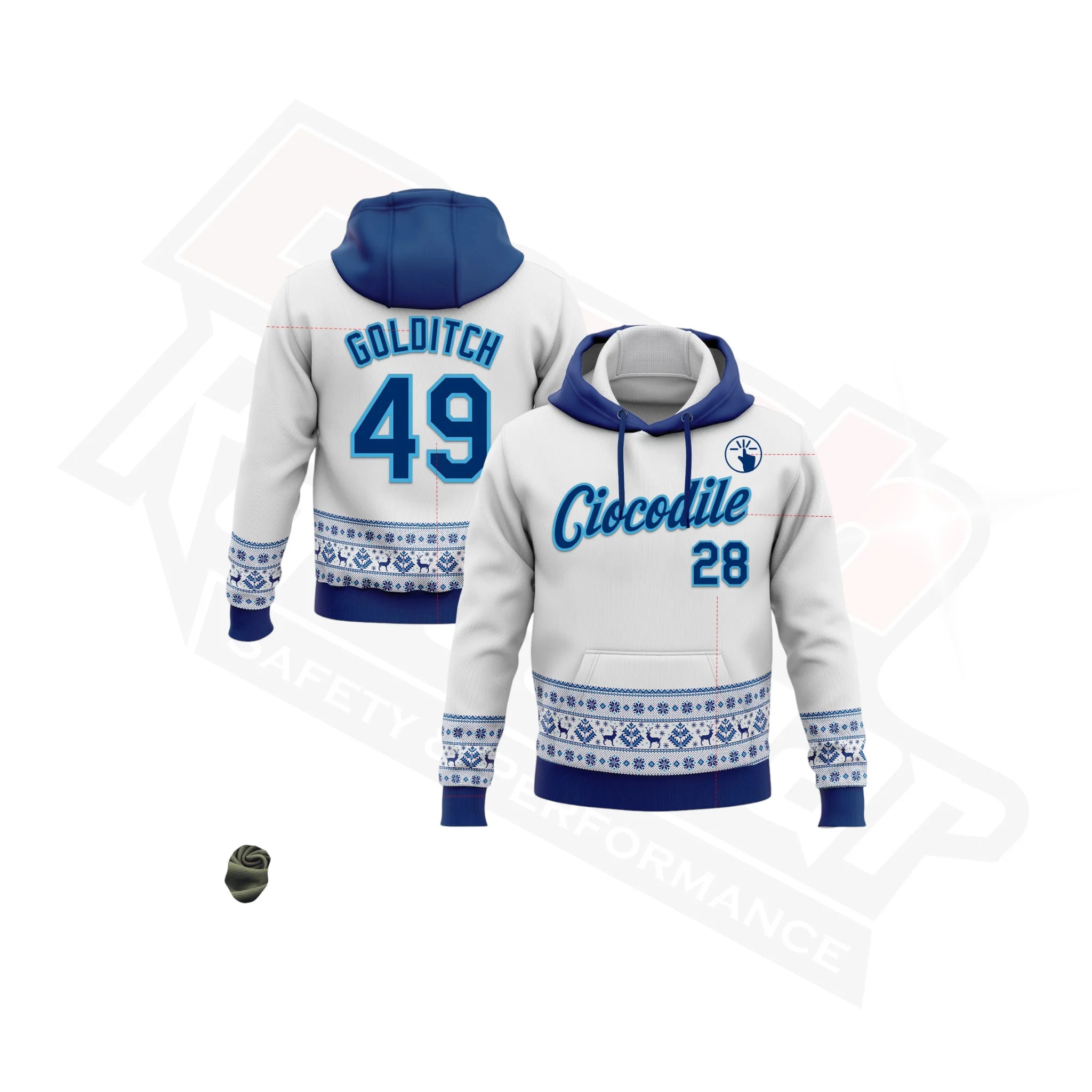 White, Navy Blue & Sky Blue 3D Christmas Hoodie with Custom Stitching