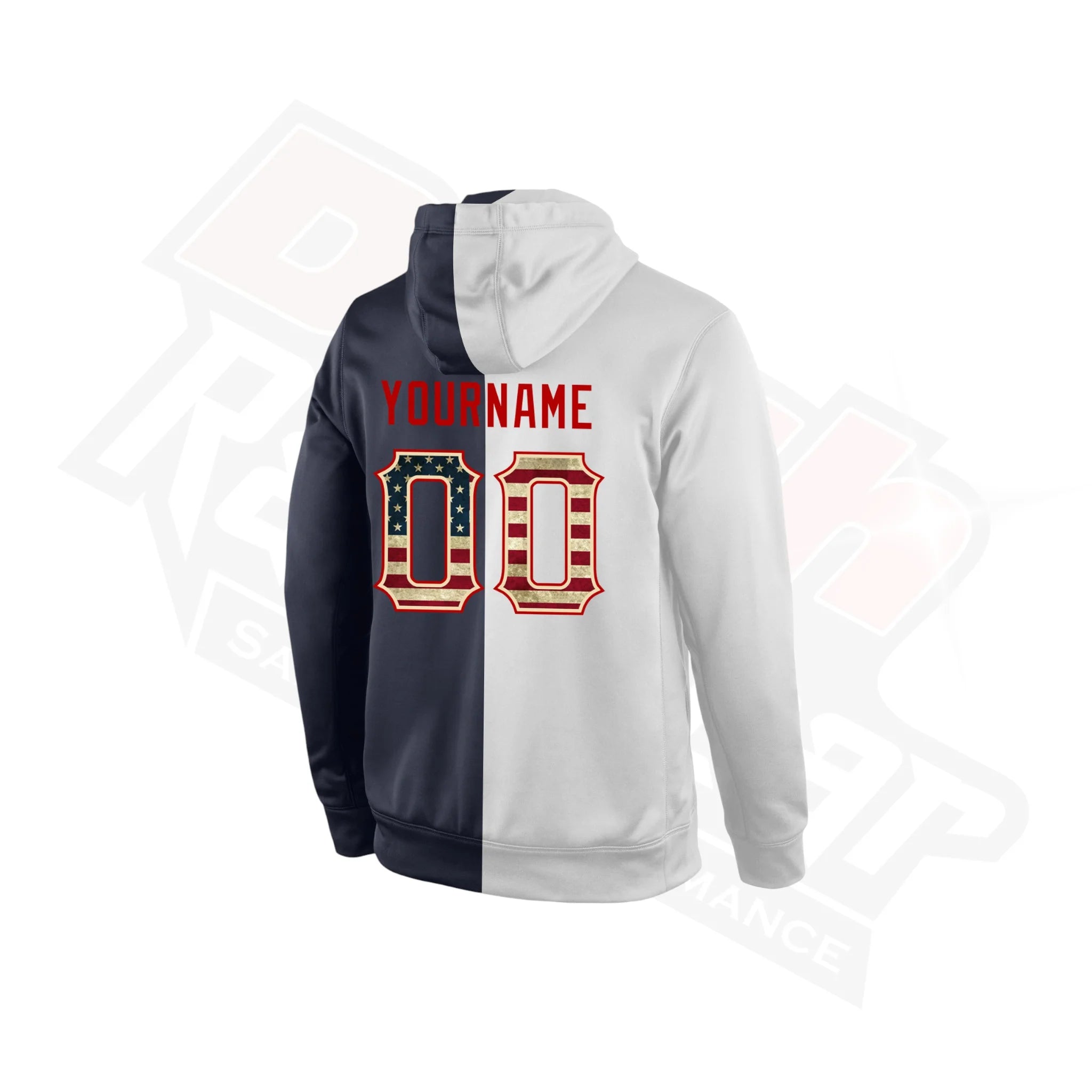 White & Navy Split USA Flag Sports Hoodie with Custom Stitched Details