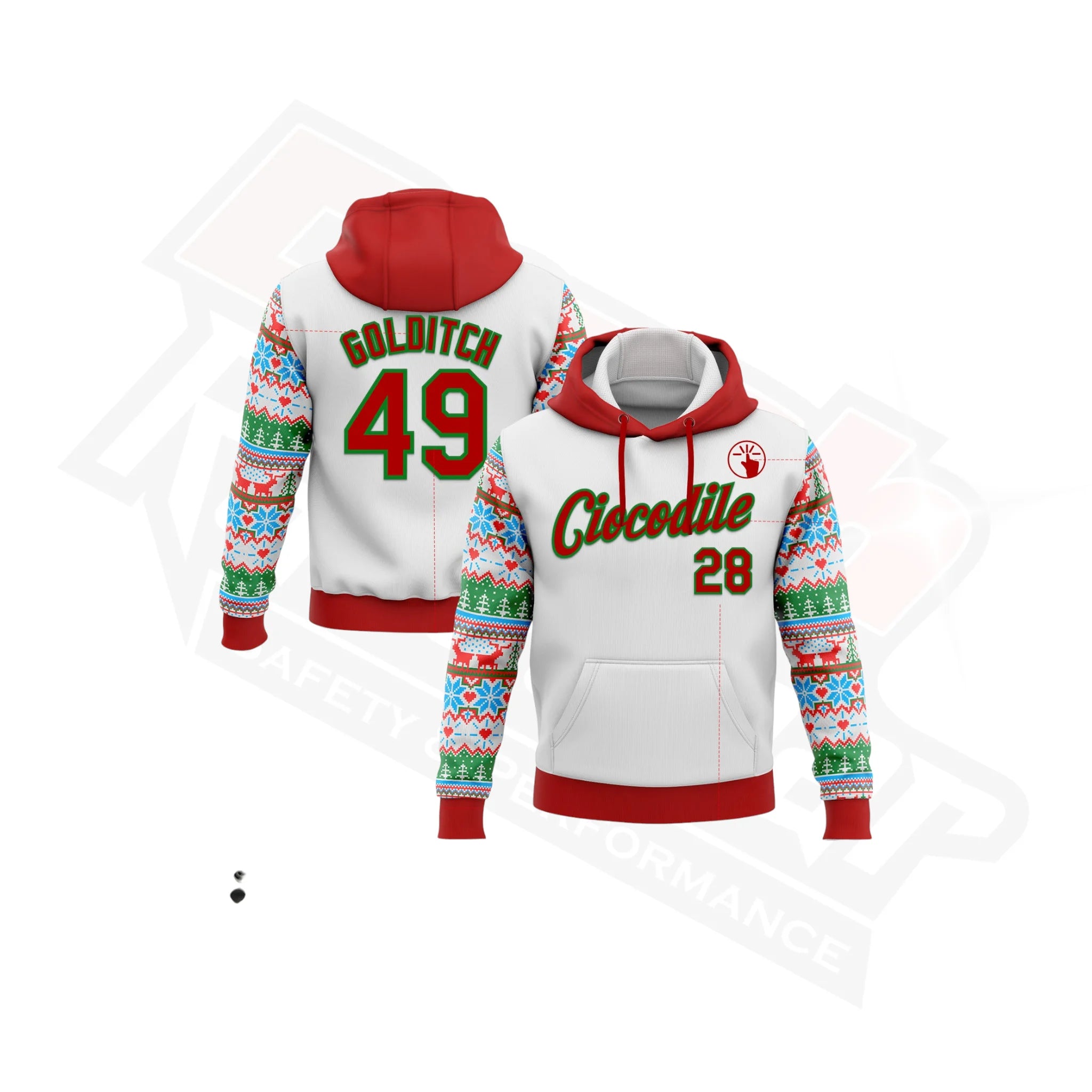 White, Red & Grass Green 3D Christmas Hoodie with Custom Stitching