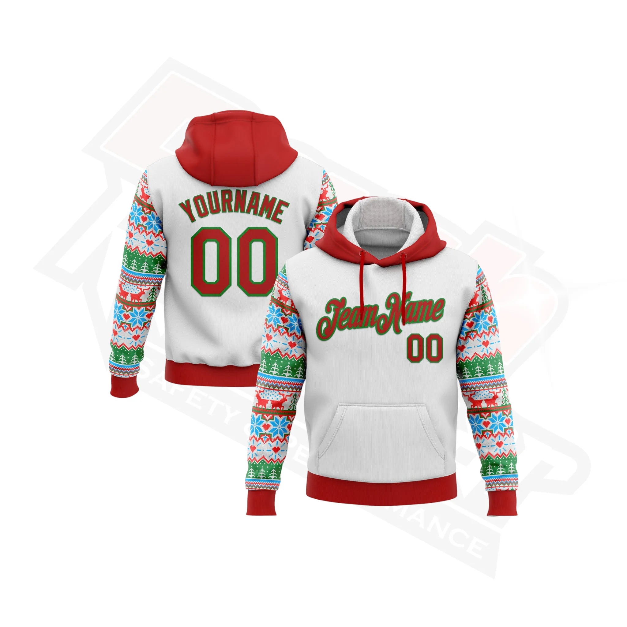 White, Red & Grass Green 3D Christmas Hoodie with Custom Stitching