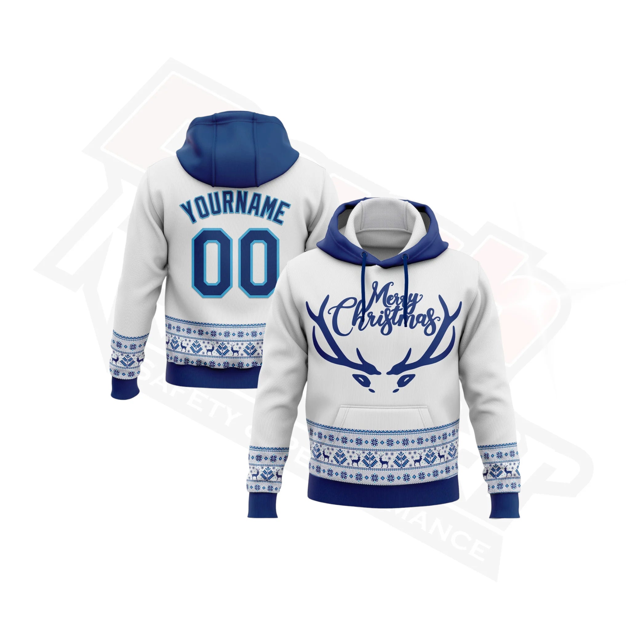 White, US Navy Blue & Sky Blue 3D Christmas Hoodie with Stitching