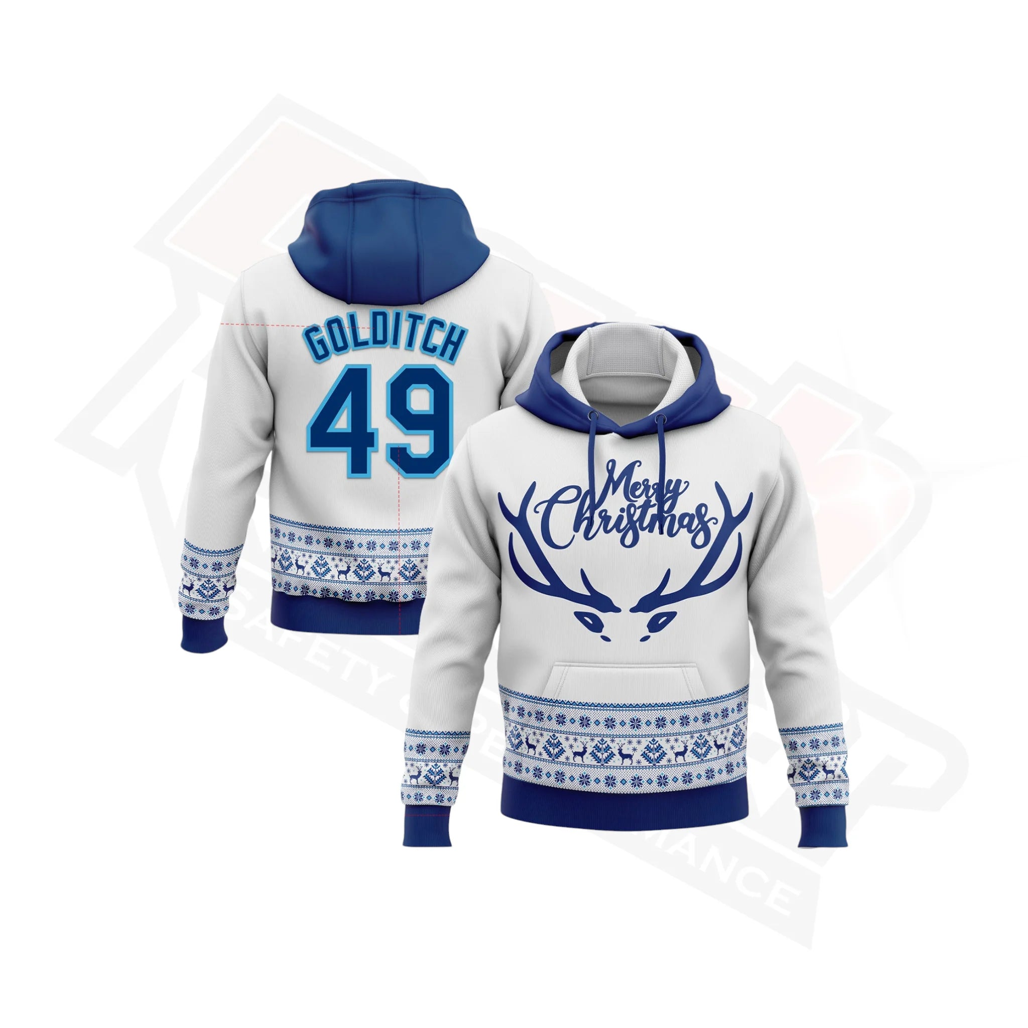 White, US Navy Blue & Sky Blue 3D Christmas Hoodie with Stitching